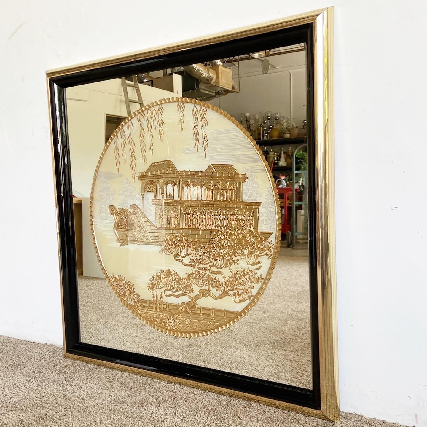 Exceptional vintage chinoiserie square wall mirror. Features a gilded, hand-carved scene of the Marble Boat at the Summer Palace in Beijing, China. Displays additional details like trees and clouds. Frame is comprised of a gold-banded outer edge,