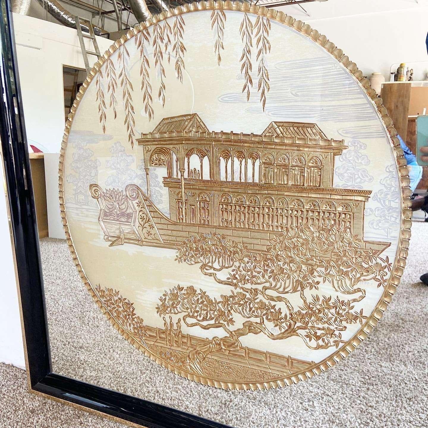 Chinese Chinoiserie Gilded Carving and Eglomise Wall Mirror - Marble Boat For Sale