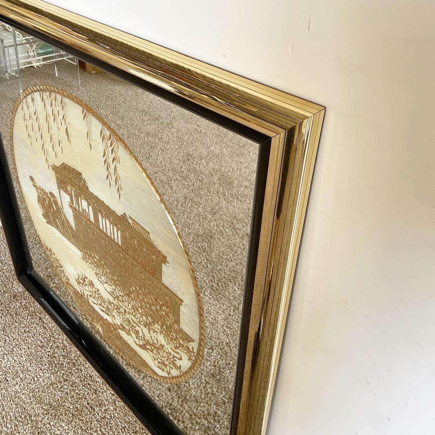 Miroir mural chinoiseries doré à la sculpture et à l'églomisé - Bateau en marbre en vente 3
