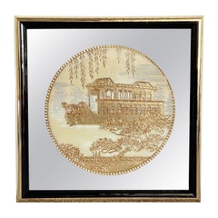Miroir mural chinoiseries doré à la sculpture et à l'églomisé - Bateau en marbre