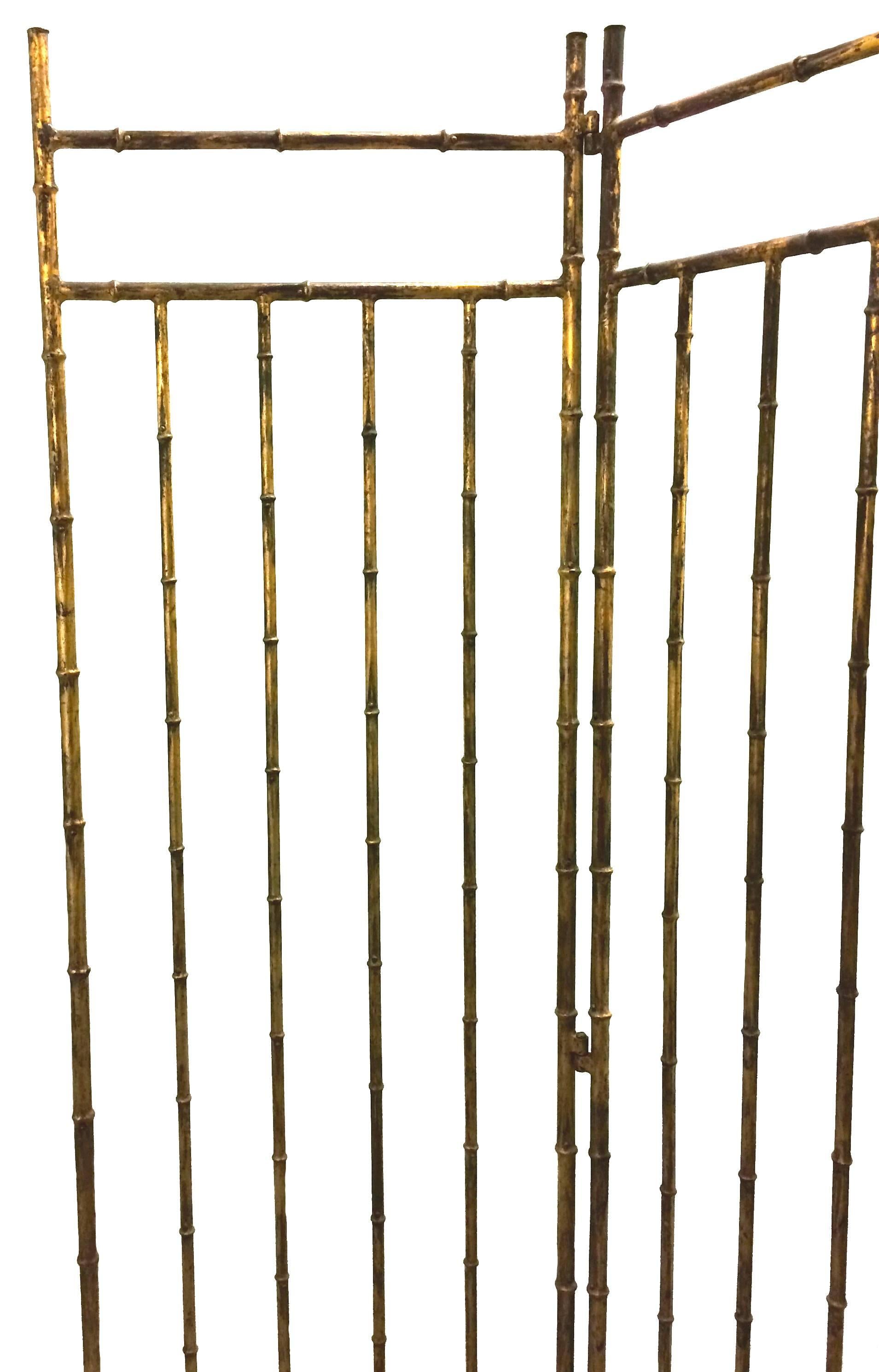 Midcentury chinoiserie gilt metal bamboo three-panel folding screen attributed to Maison Bagues. Heavy, very well made cast brass bamboo with painted gilt finish.
