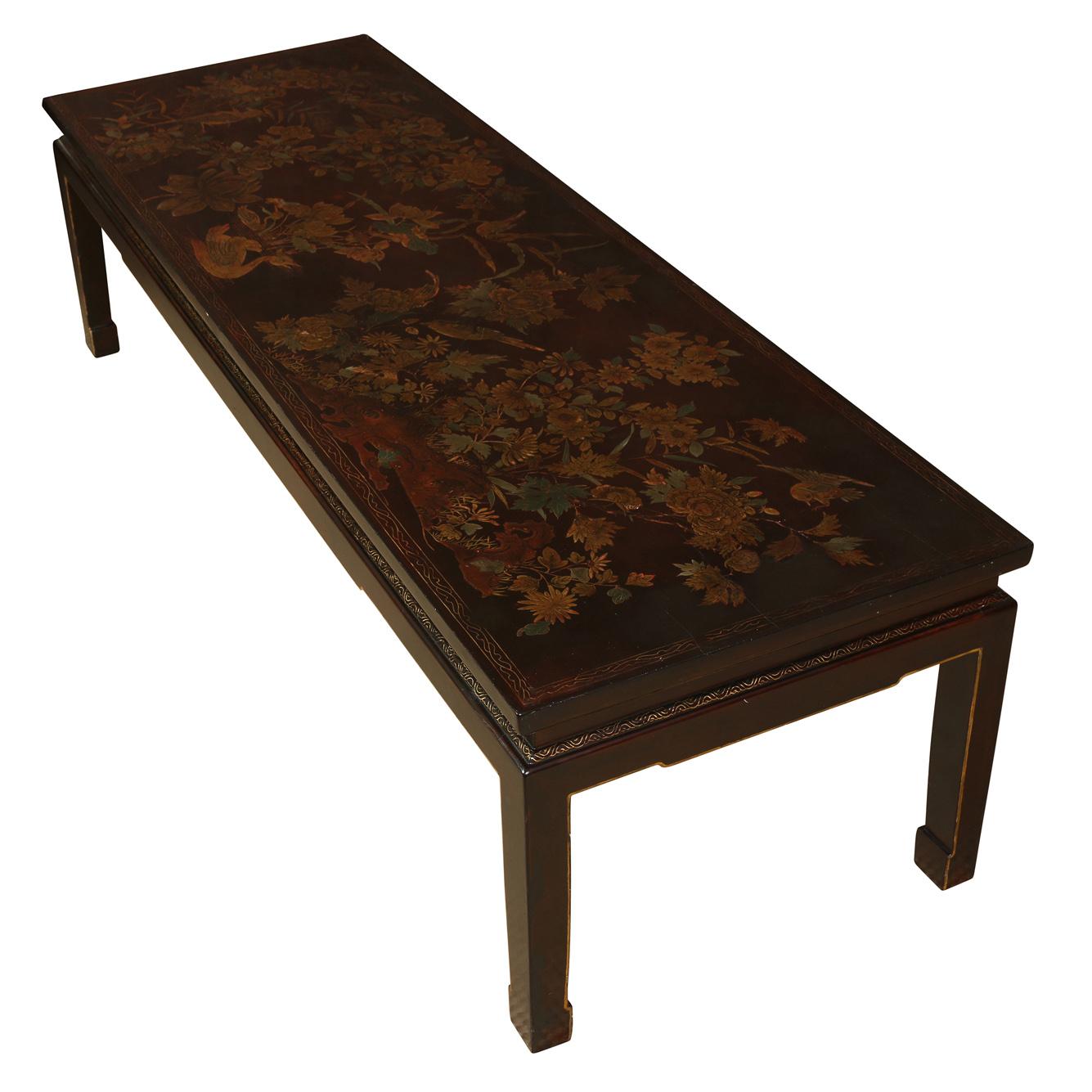 Chinoiserie Gilt Decorated Chocolate Brown Coffee Table With Glass Top In Good Condition For Sale In Locust Valley, NY
