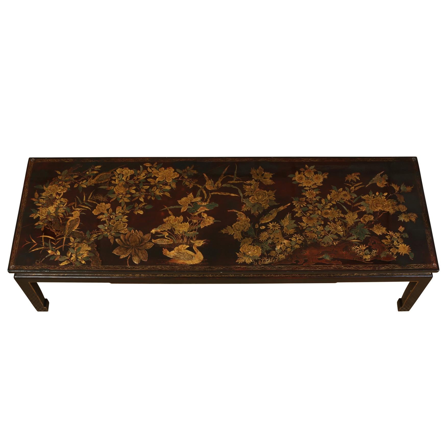 20th Century Chinoiserie Gilt Decorated Chocolate Brown Coffee Table With Glass Top For Sale