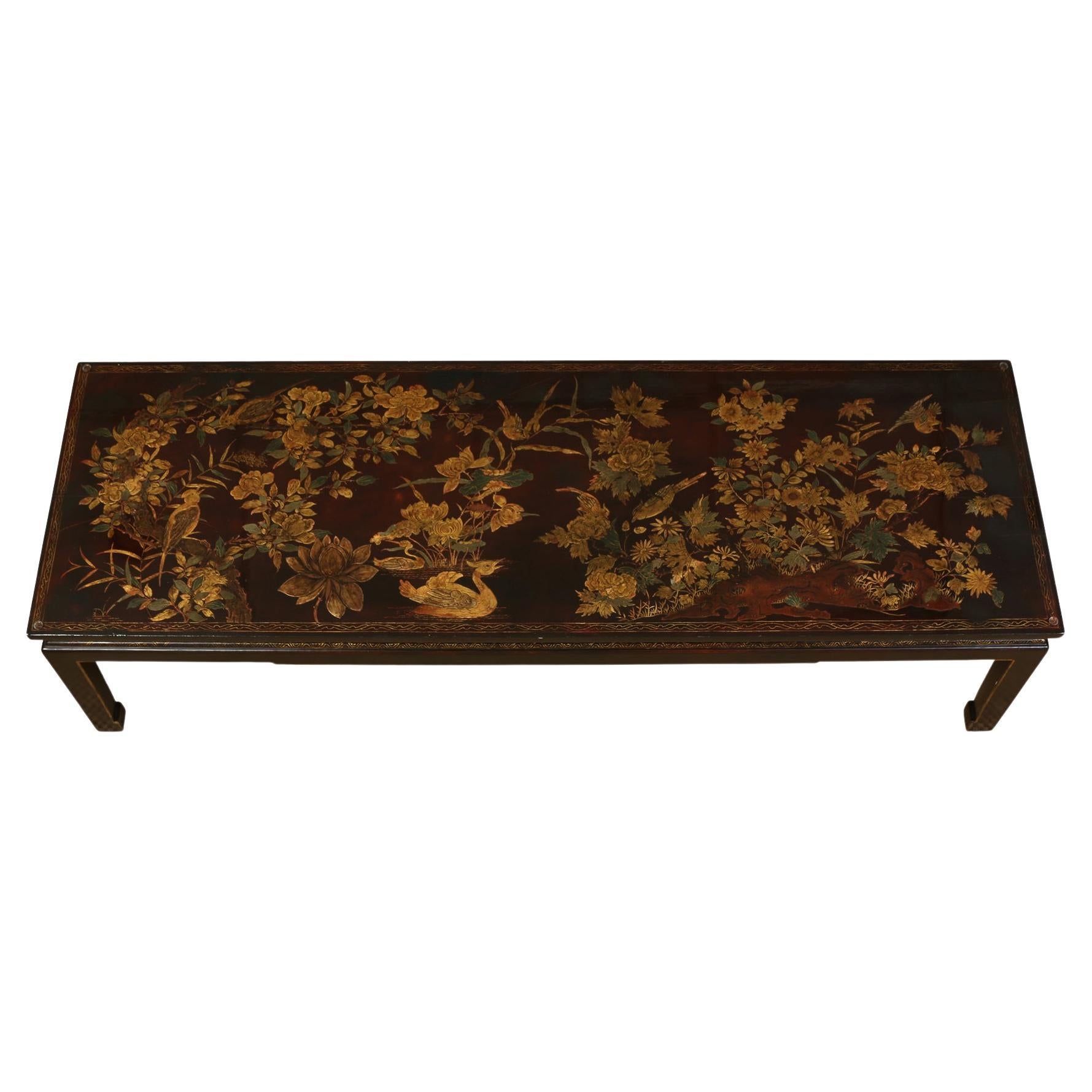 Chinoiserie Gilt Decorated Chocolate Brown Coffee Table With Glass Top