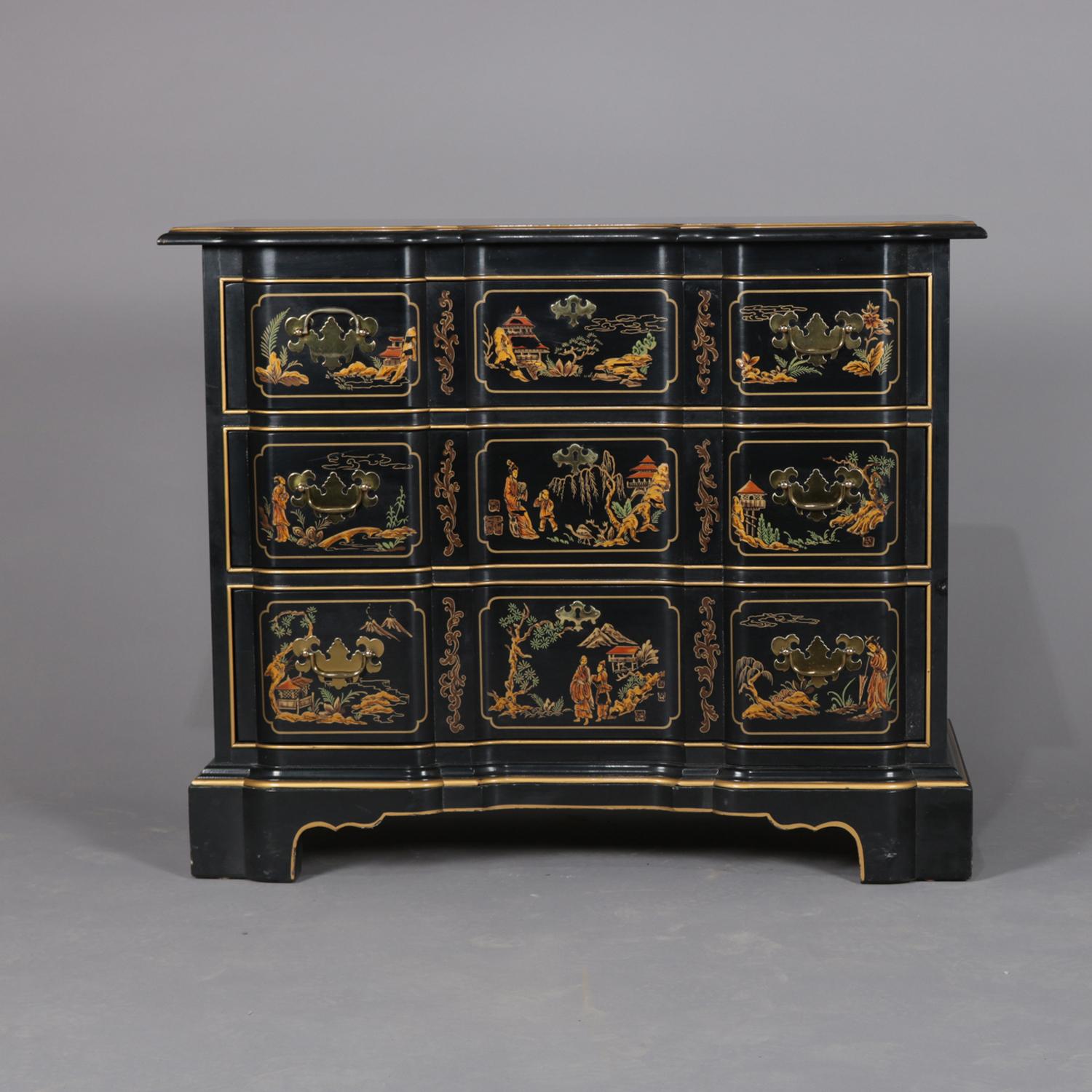 A chinoiserie Et-Cetera chest by Drexel features serpentine form with three long drawers each decorated with village and landscape scenes having figures and pagodas, sides with foliate decoration, gilt banding and highlights throughout, raised on