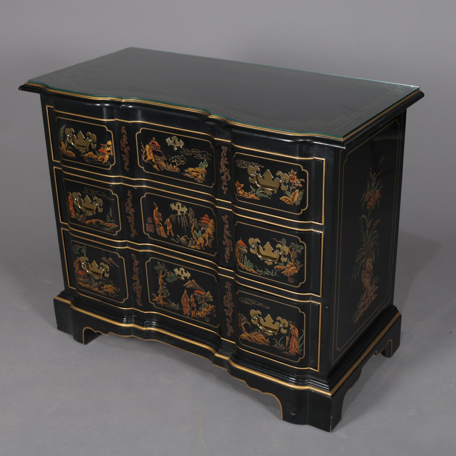 Chinoiserie Gilt Decorated Et Cetera Serpentine 3-Drawer Chest by Drexel In Good Condition In Big Flats, NY