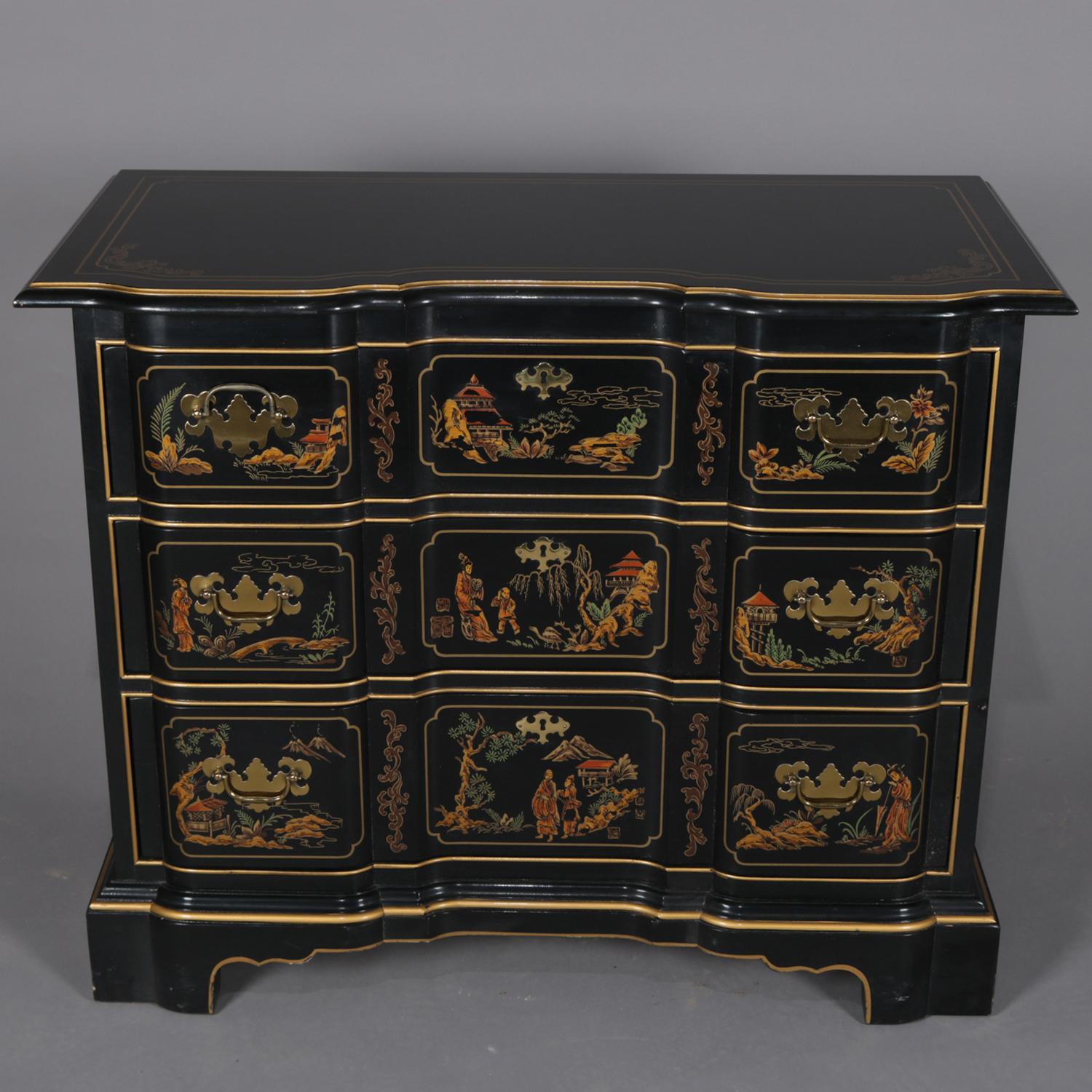 Wood Chinoiserie Gilt Decorated Et Cetera Serpentine 3-Drawer Chest by Drexel