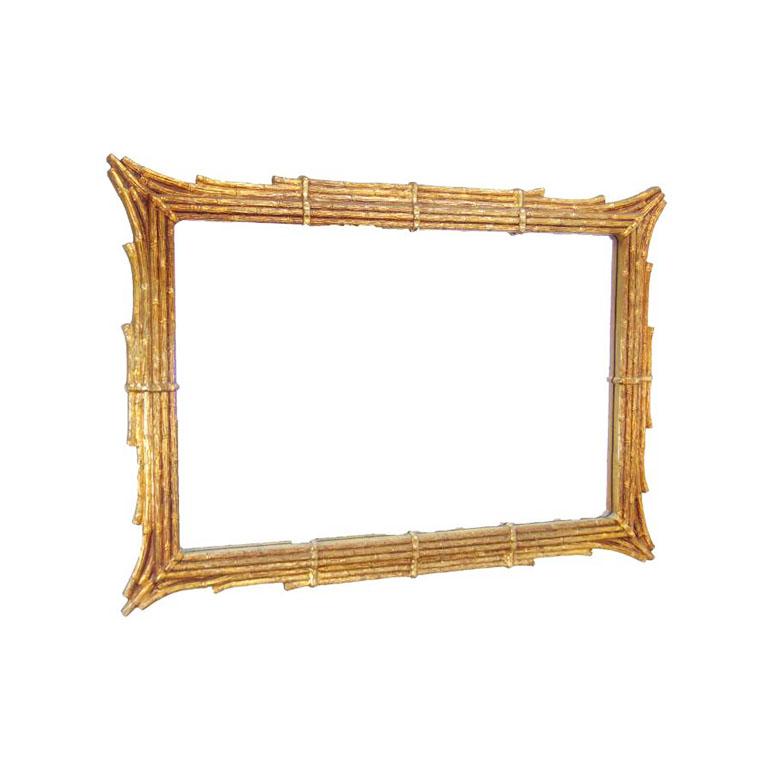 American Chinoiserie Gilt Gold Brutalist Style Wall Mirror with Faux Bamboo Pagoda Design