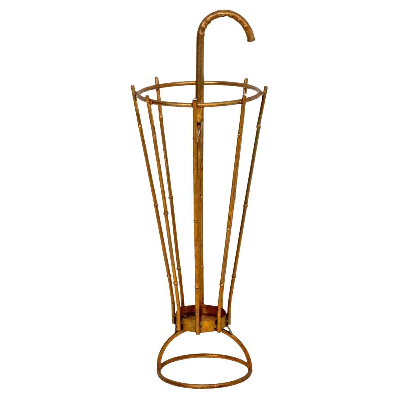 Chinoiserie Gilt Metal Faux Bamboo Umbrella Stand