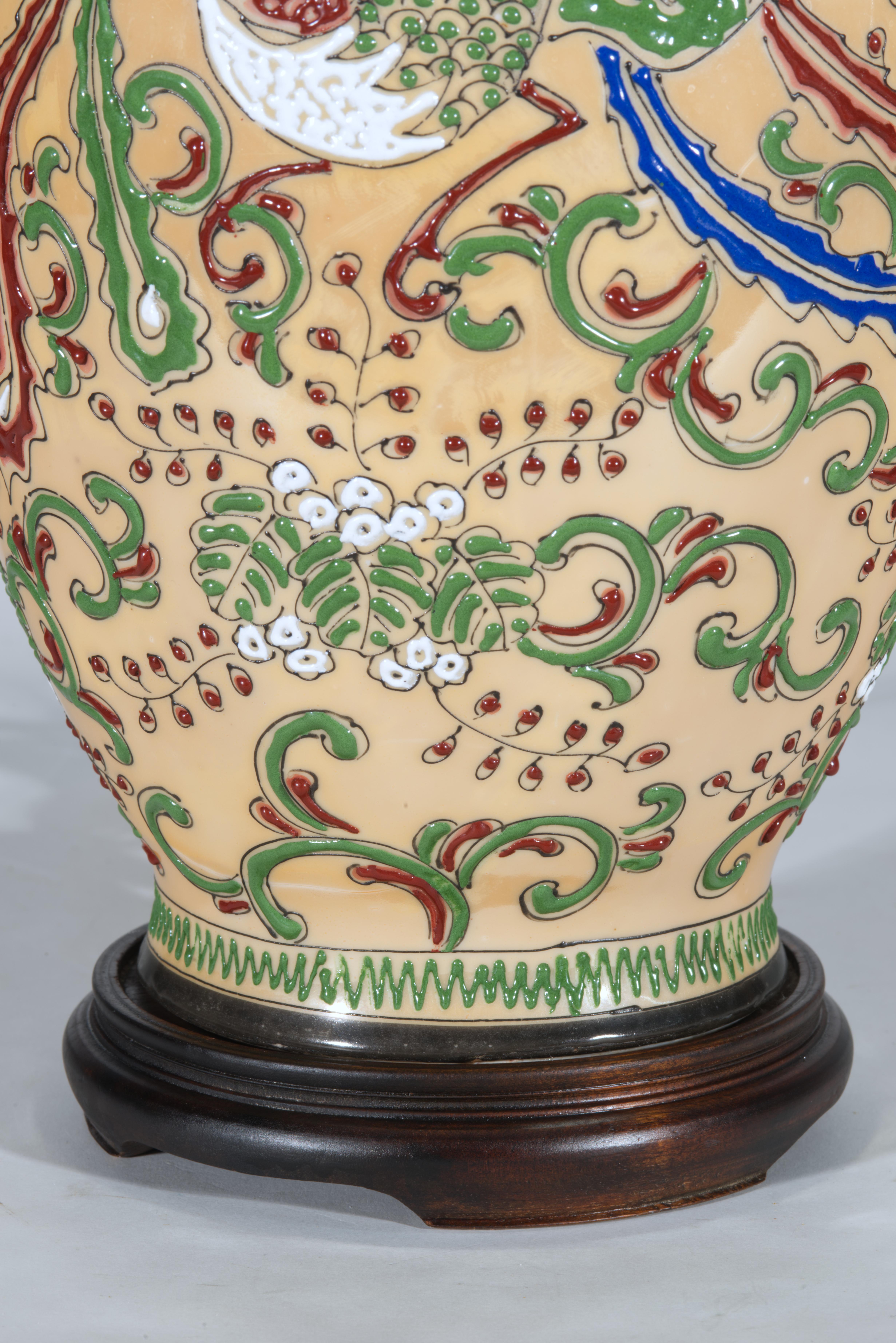 Hand-Crafted Chinoiserie Ginger Jar Urn Table Lamp Enameled Birds Scrolls Japan 1960s For Sale