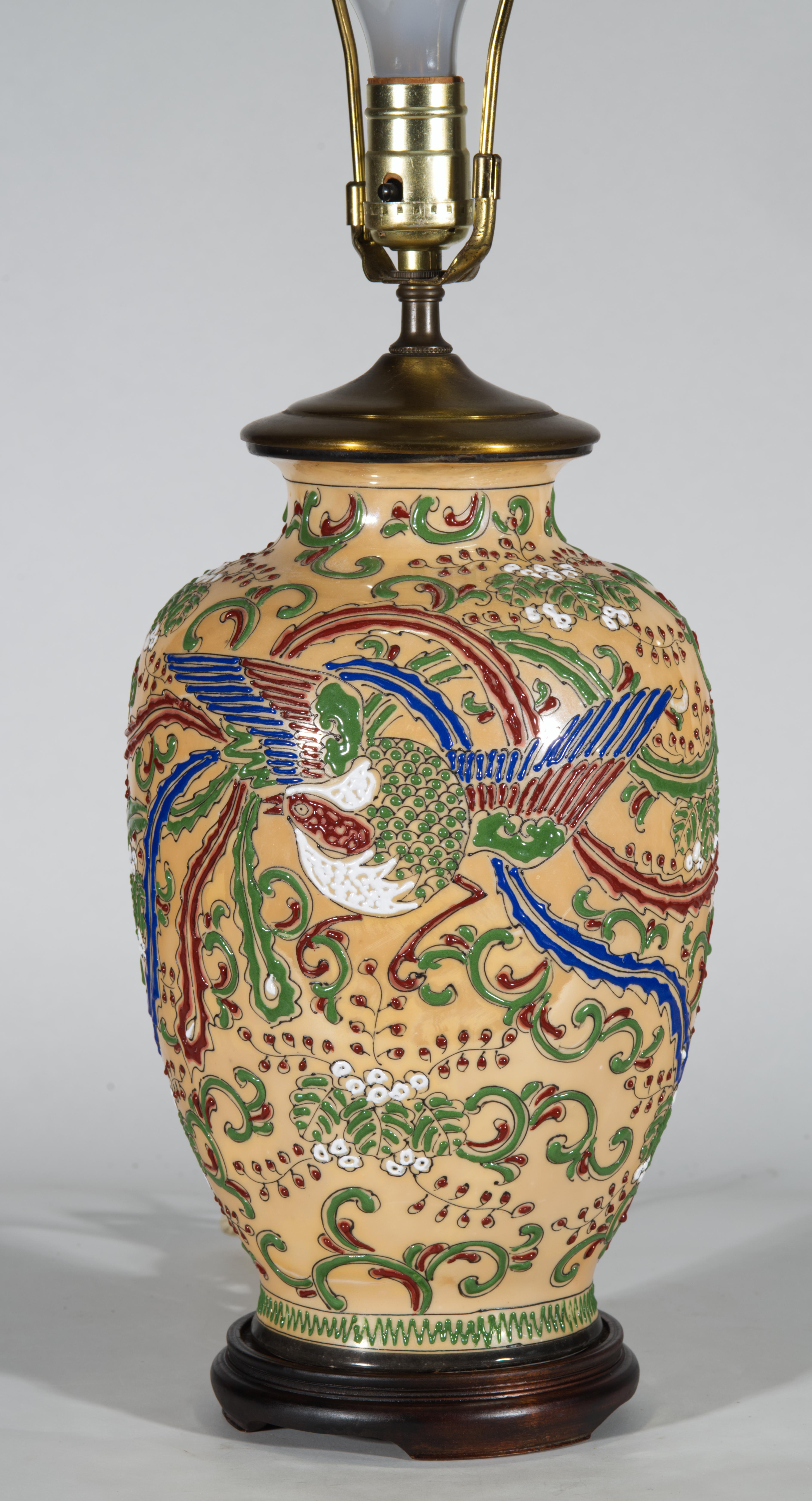 20th Century Chinoiserie Ginger Jar Urn Table Lamp Enameled Birds Scrolls Japan 1960s For Sale