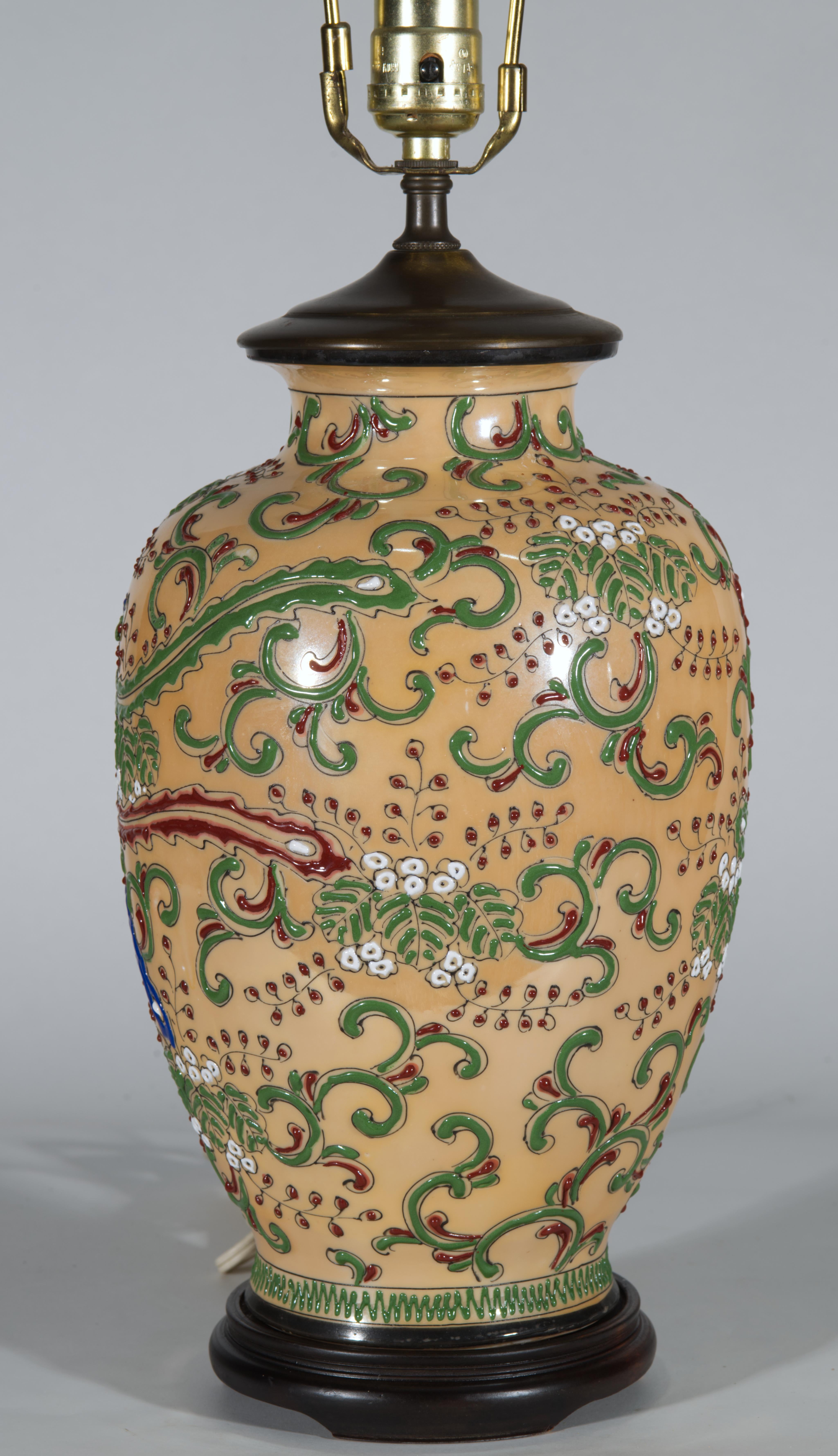 Brass Chinoiserie Ginger Jar Urn Table Lamp Enameled Birds Scrolls Japan 1960s For Sale