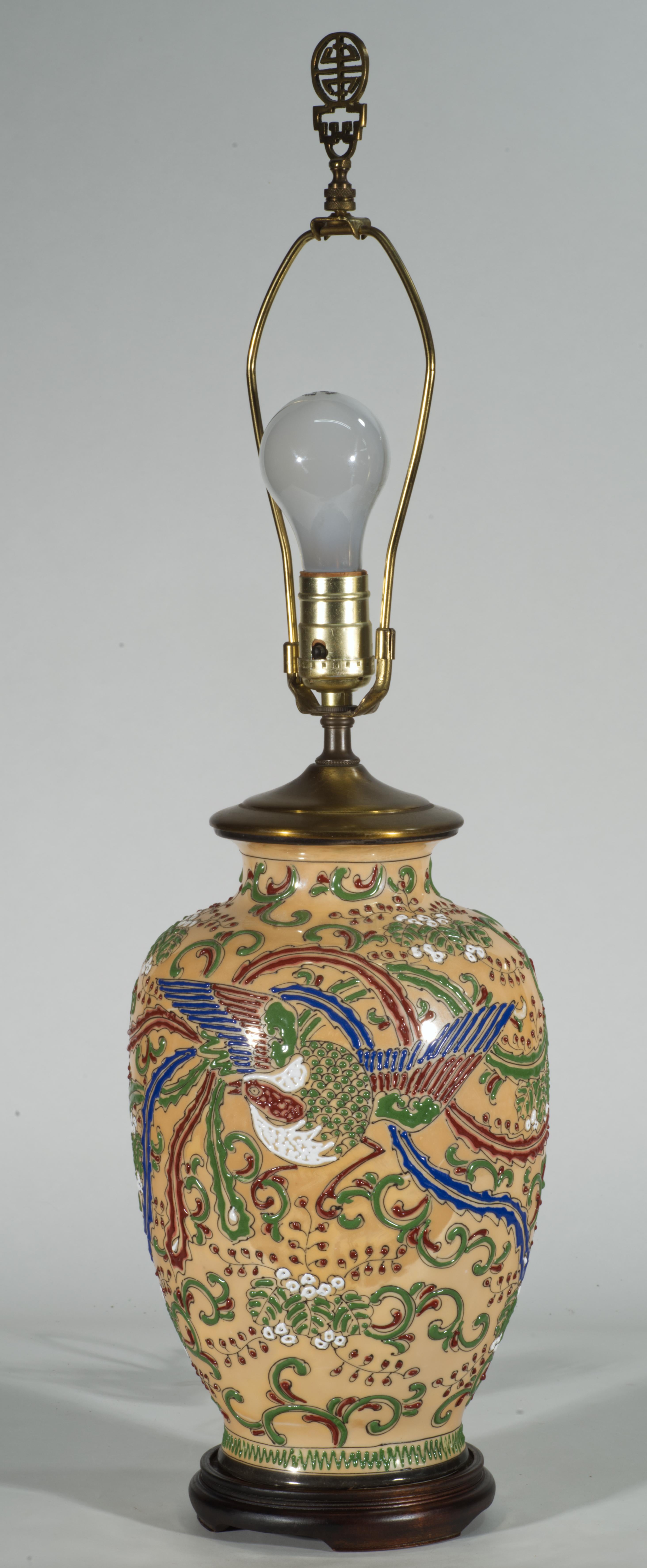 Chinoiserie Ginger Jar Urn Table Lamp Enameled Birds Scrolls Japan 1960s For Sale 2