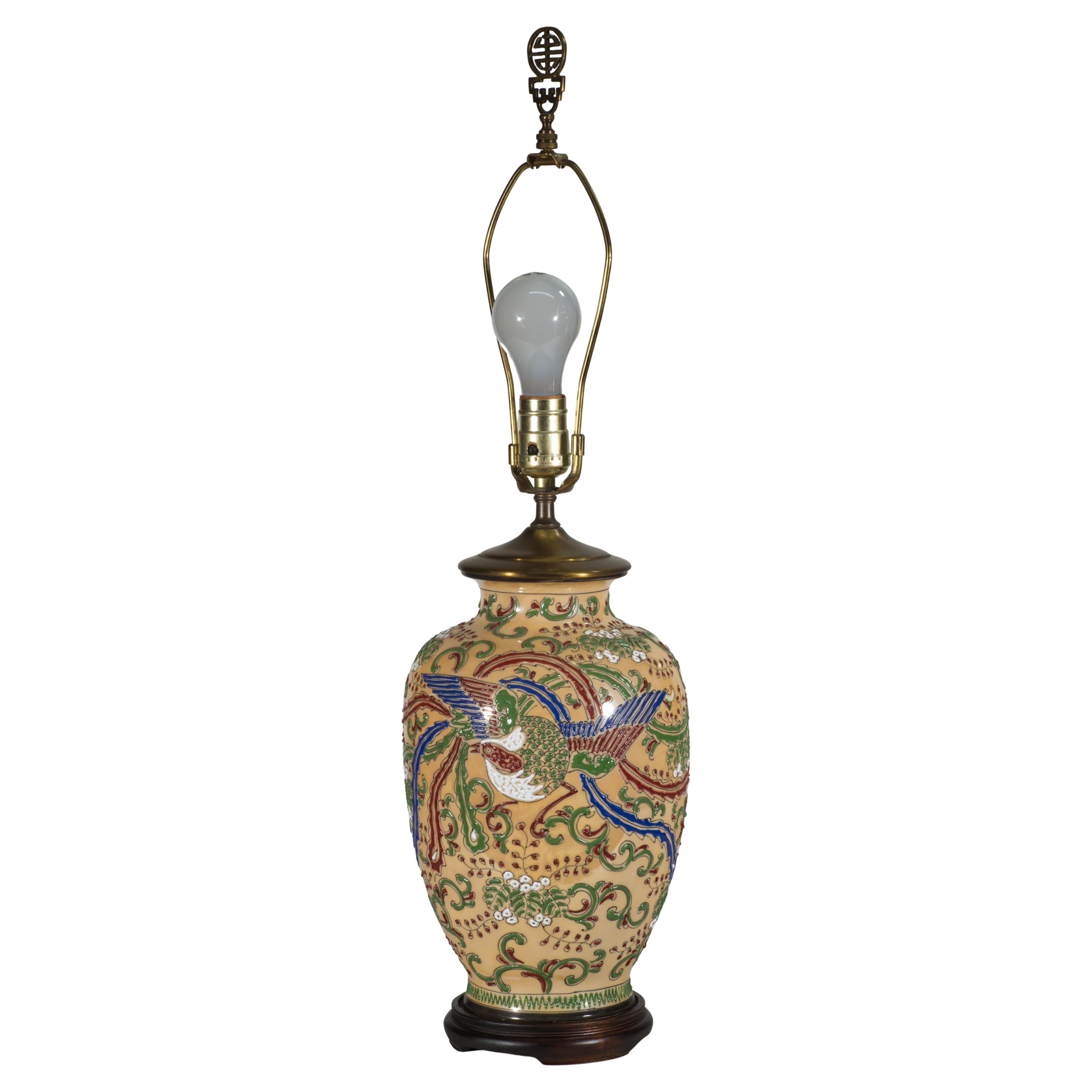 Chinoiserie Ginger Jar Urn Table Lamp Enameled Birds Scrolls Japan 1960s For Sale