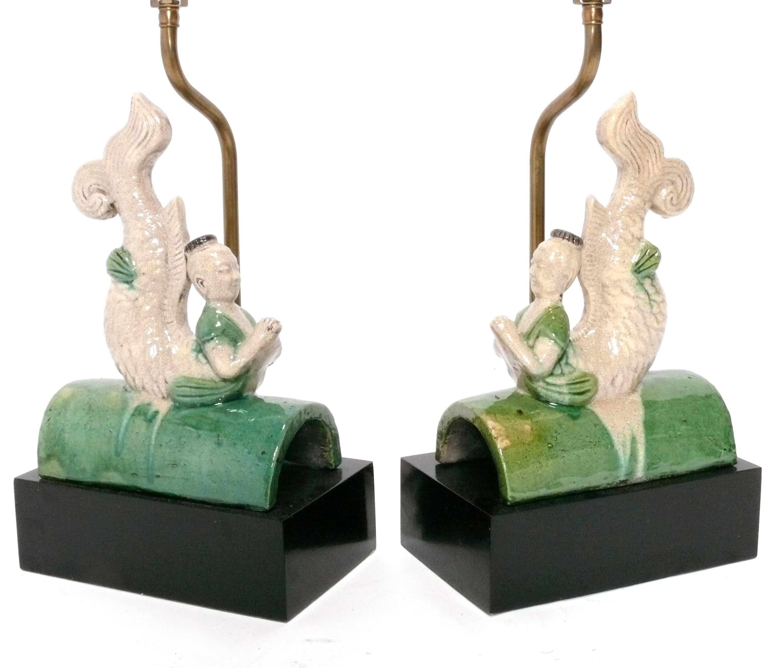 Chinoiserie glasierte keramische Dachziegel-Lampen (Chinesisch) im Angebot