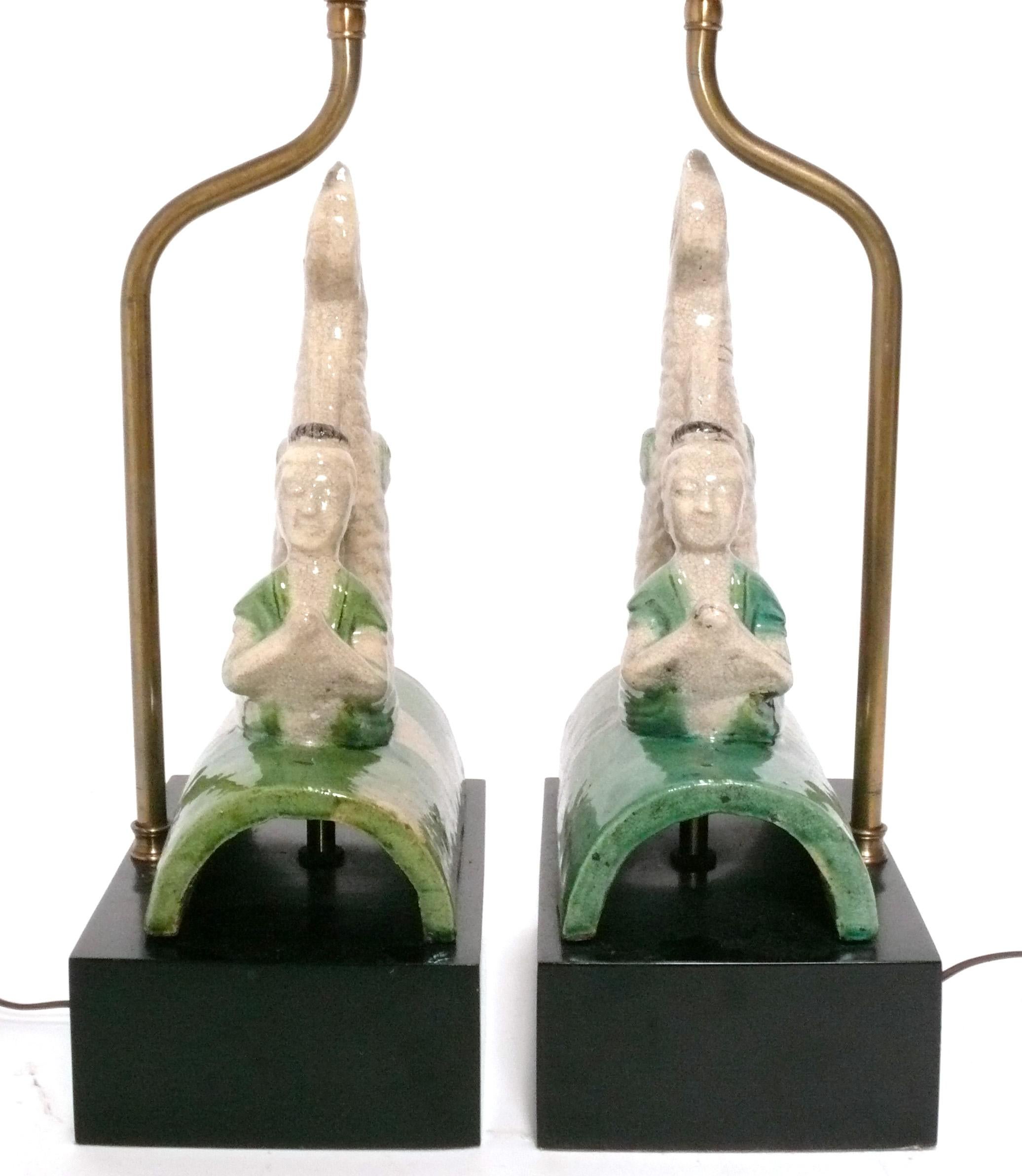 Chinoiserie glasierte keramische Dachziegel-Lampen im Zustand „Gut“ im Angebot in Atlanta, GA
