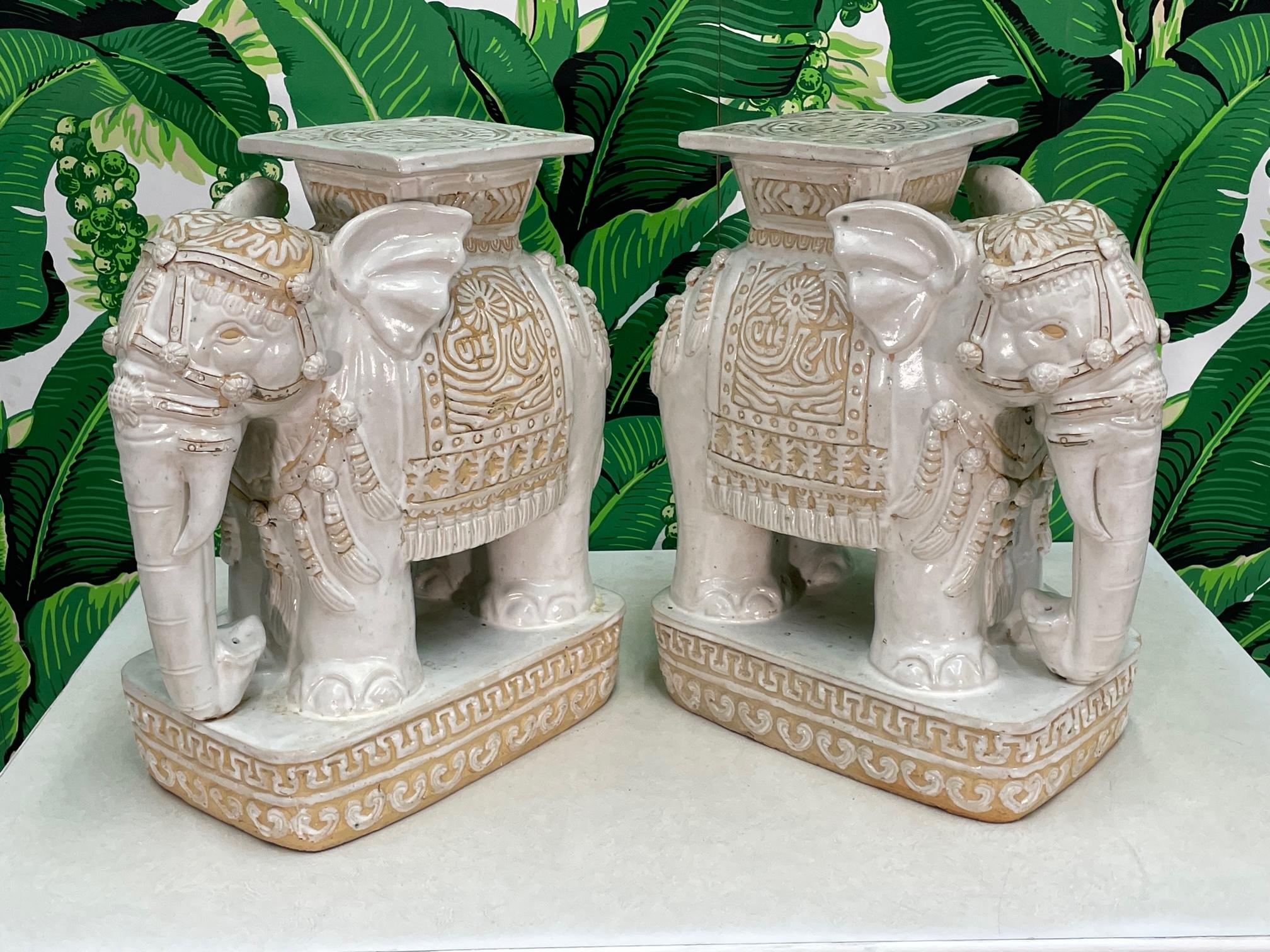 Chinoiserie Glazed Terracotta Large Elephant Garden Stools In Good Condition In Jacksonville, FL