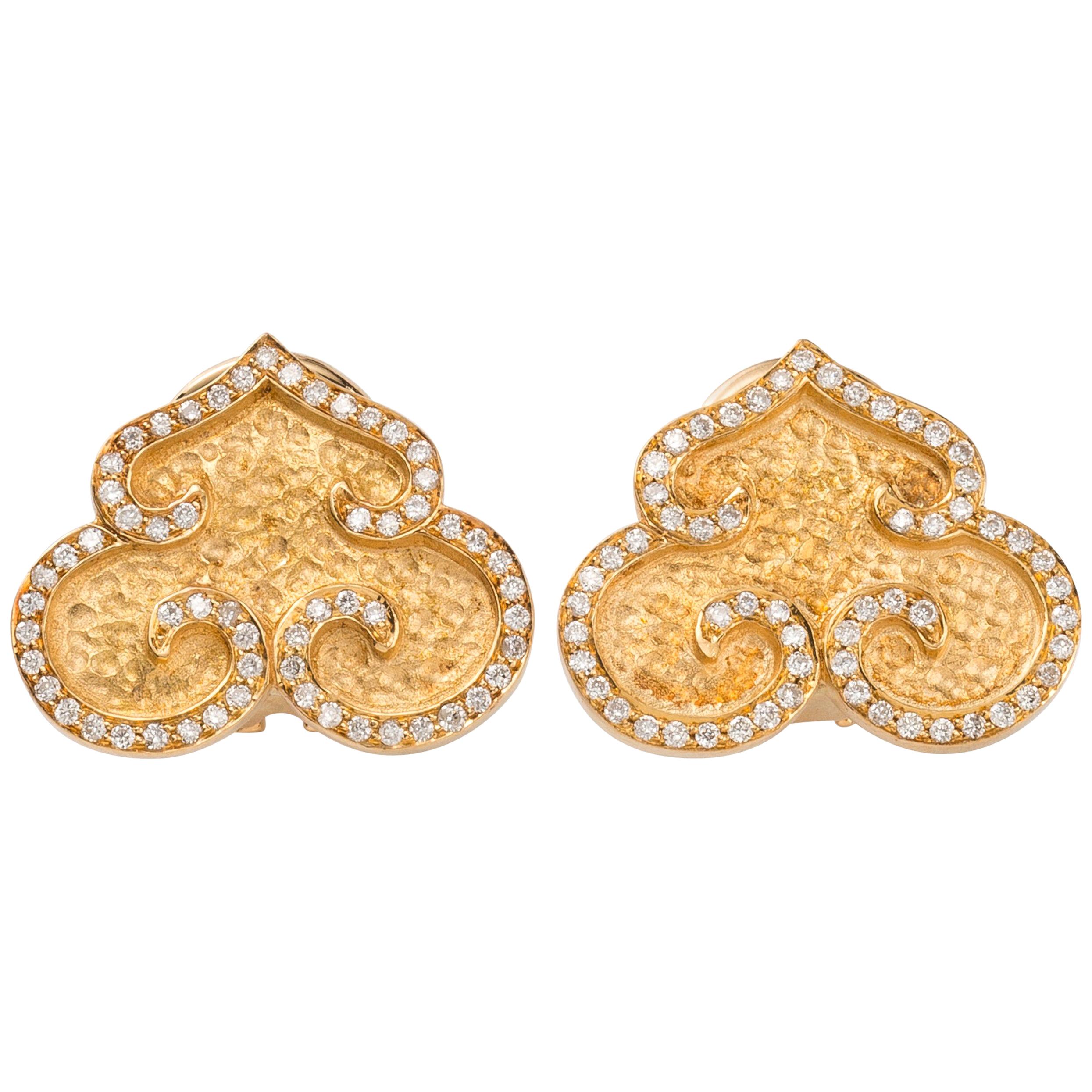 Chinoiserie Gold Earrings with Diamonds For Sale