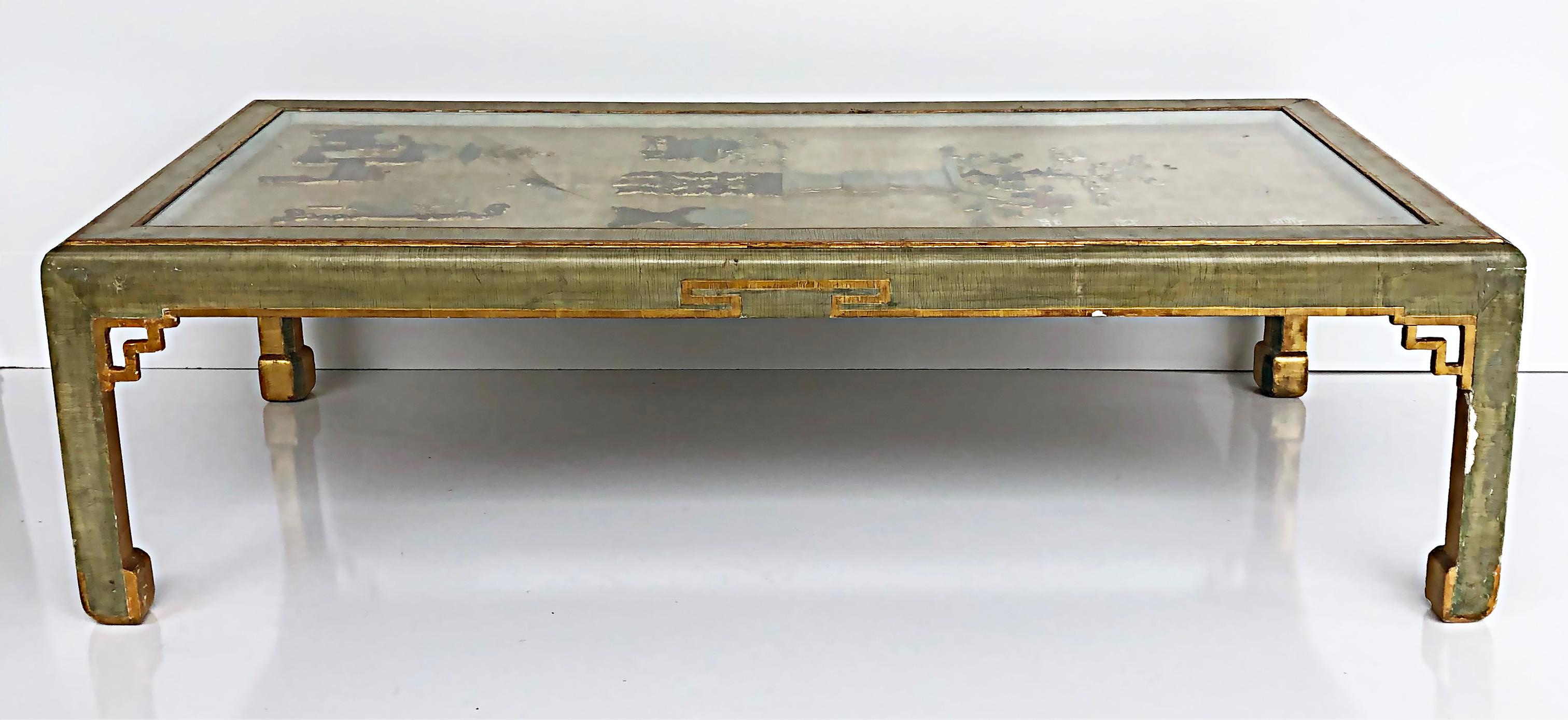 Chinese Chinoiserie Gold Leaf Hardstone Decorated Coffee Table from a Screen Panel
