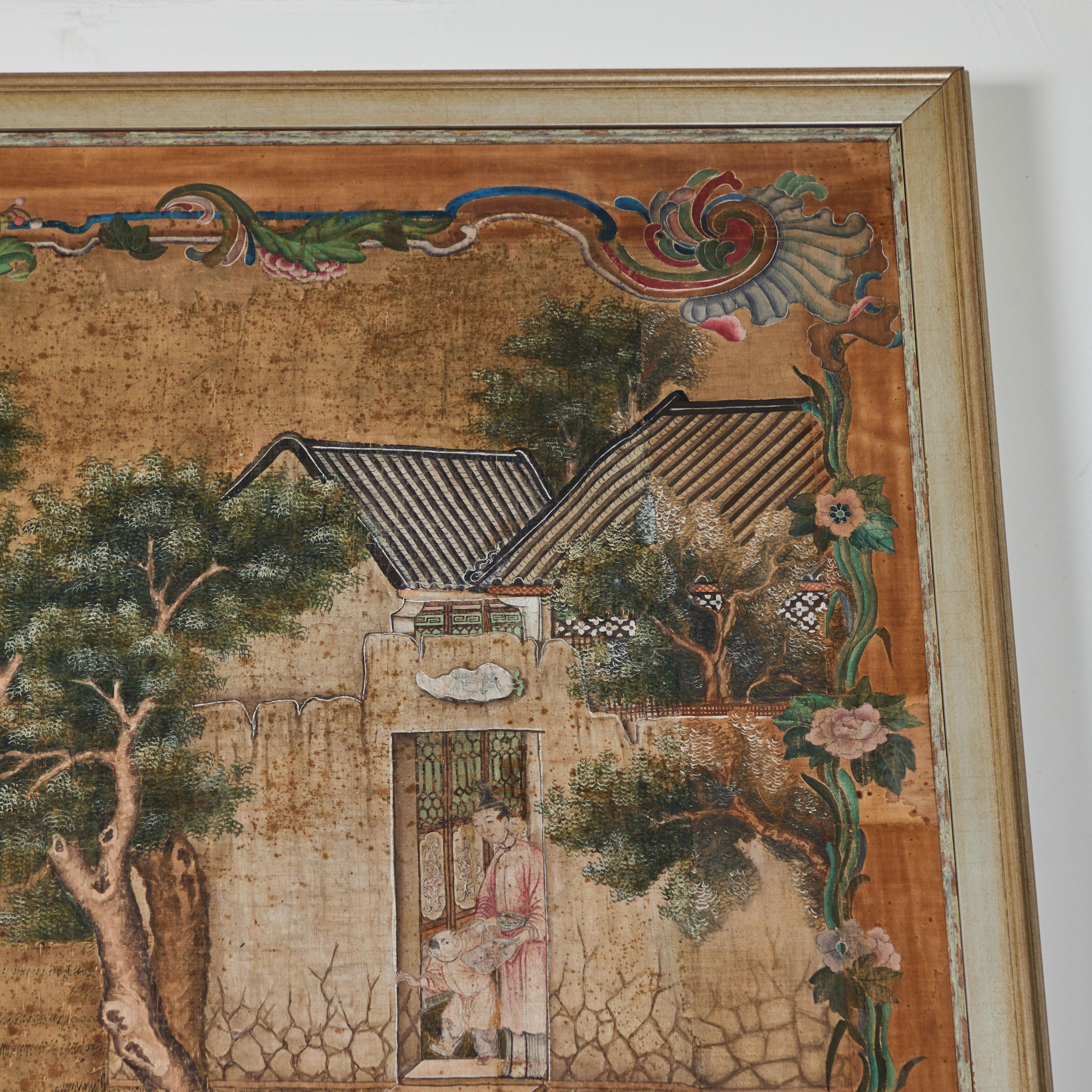 English Chinoiserie Gouache on Silk Painting For Sale