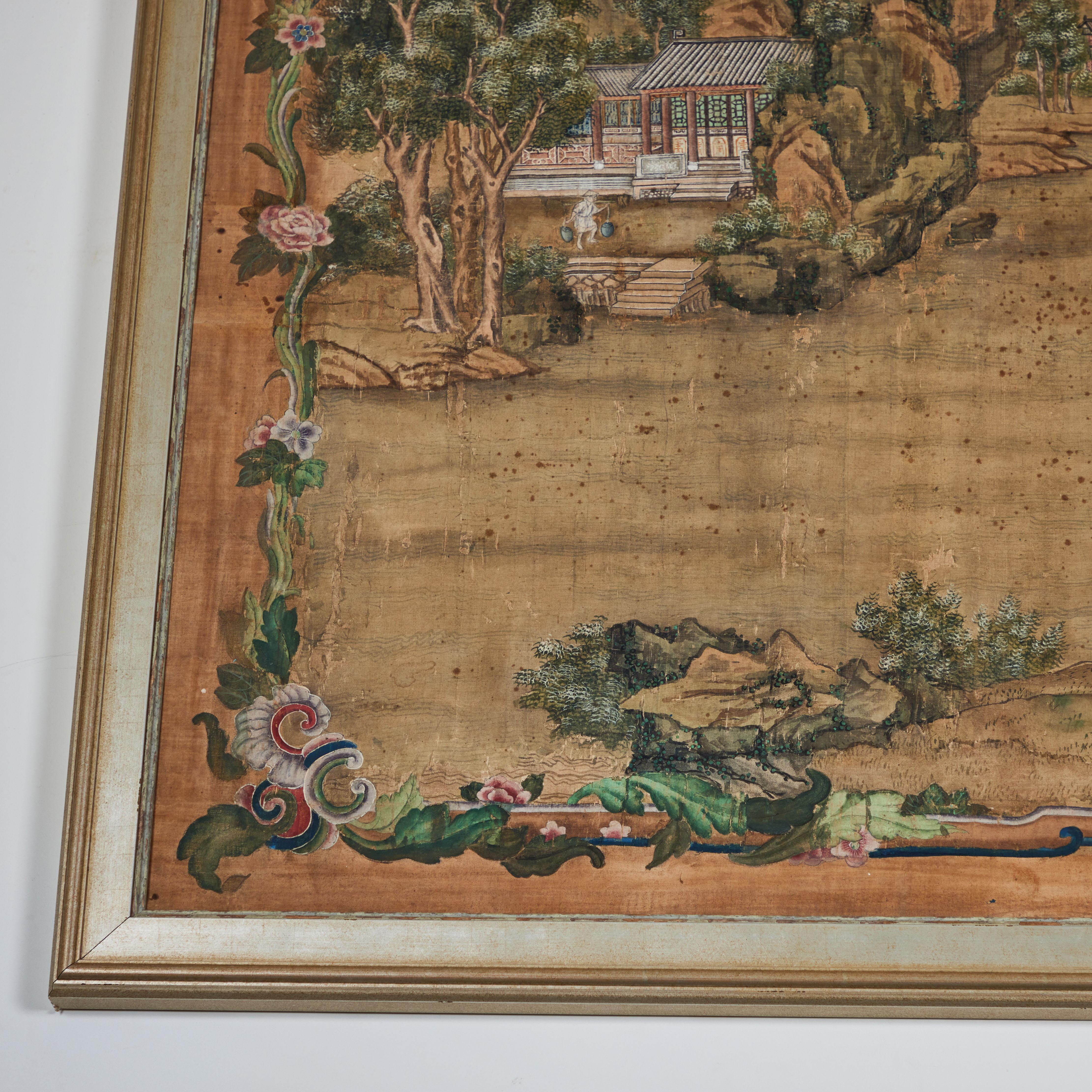 Chinoiserie Gouache on Silk Painting In Good Condition For Sale In Newport Beach, CA