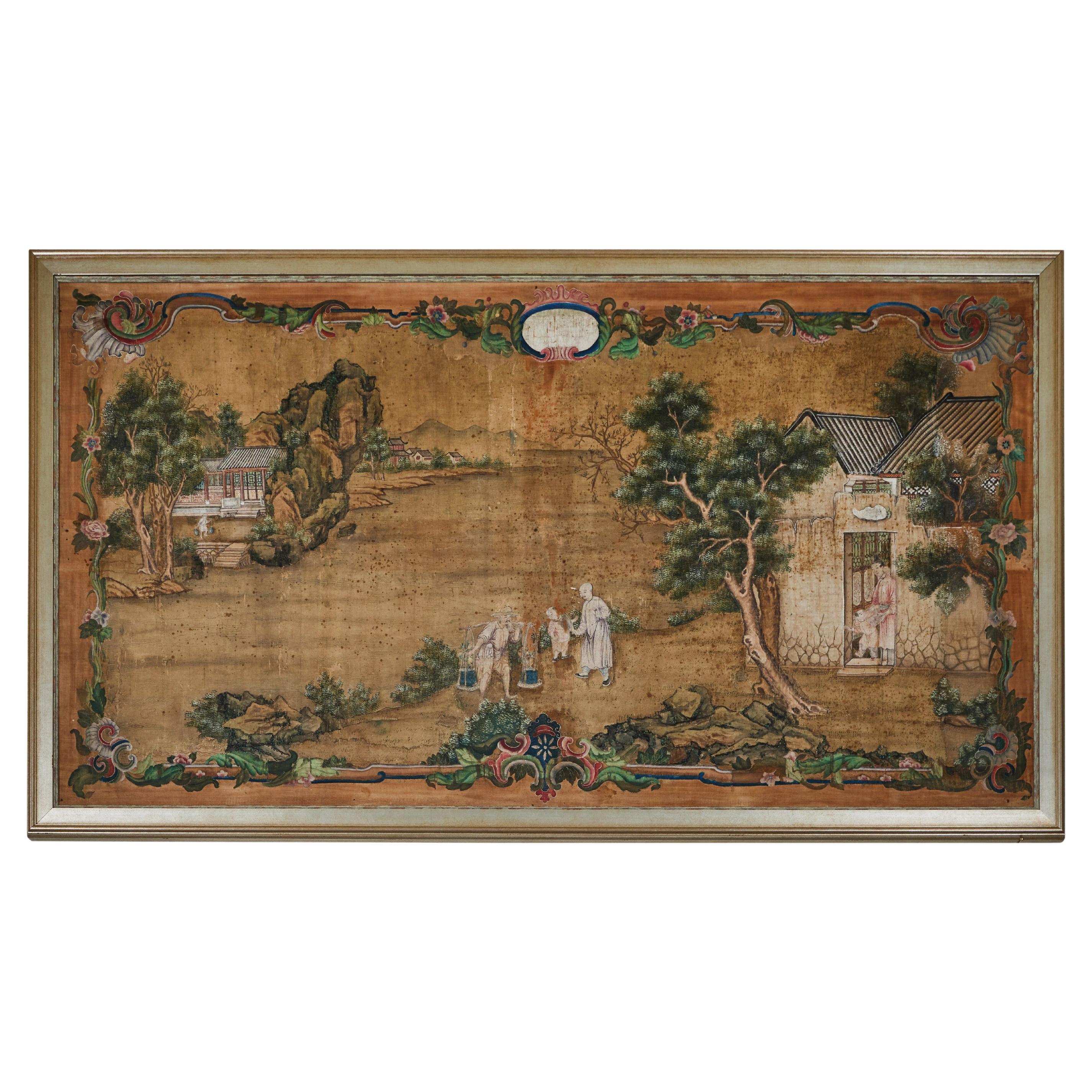 Chinoiserie Gouache on Silk Painting For Sale