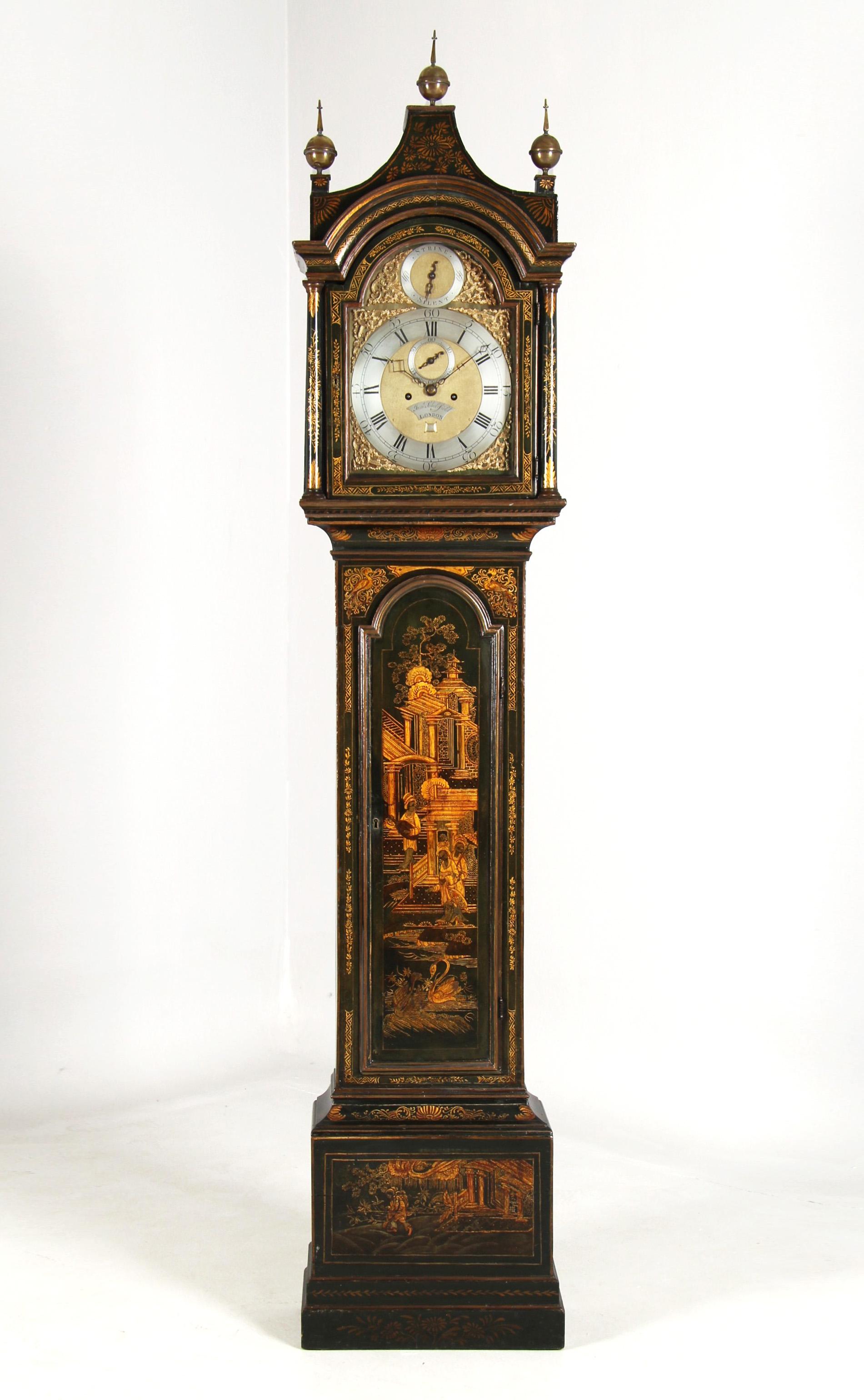 Chinoiserie grandfather clock

England (London)
painted oak
mid-18th century

Dimensions: H × W × D: 236 × 48 × 24 cm

Description:
Antique English longcase clock with fine lacquer decoration.
On a dark green ground, rich golden chinoiserie scenes