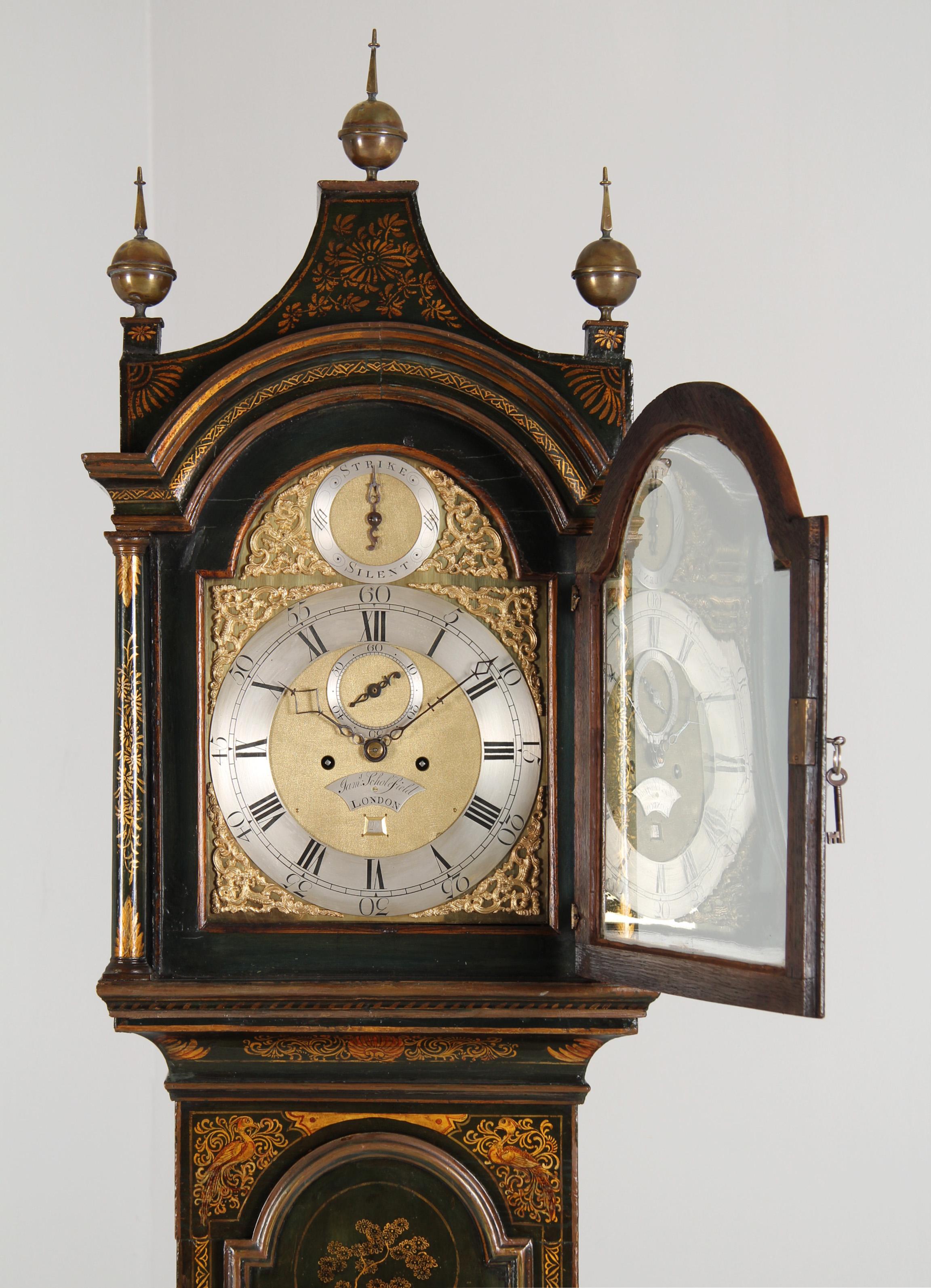 British Chinoiserie Grandfather Clock, England, London, Mid-18th Century, Longcase Clock For Sale