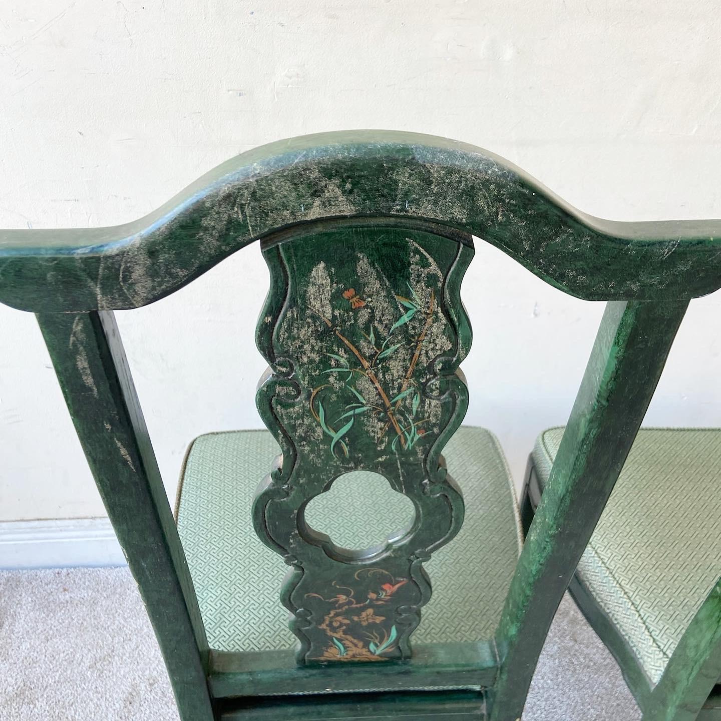 Chinoiserie Green Wooden Dining Chairs by Thomasville In Good Condition In Delray Beach, FL