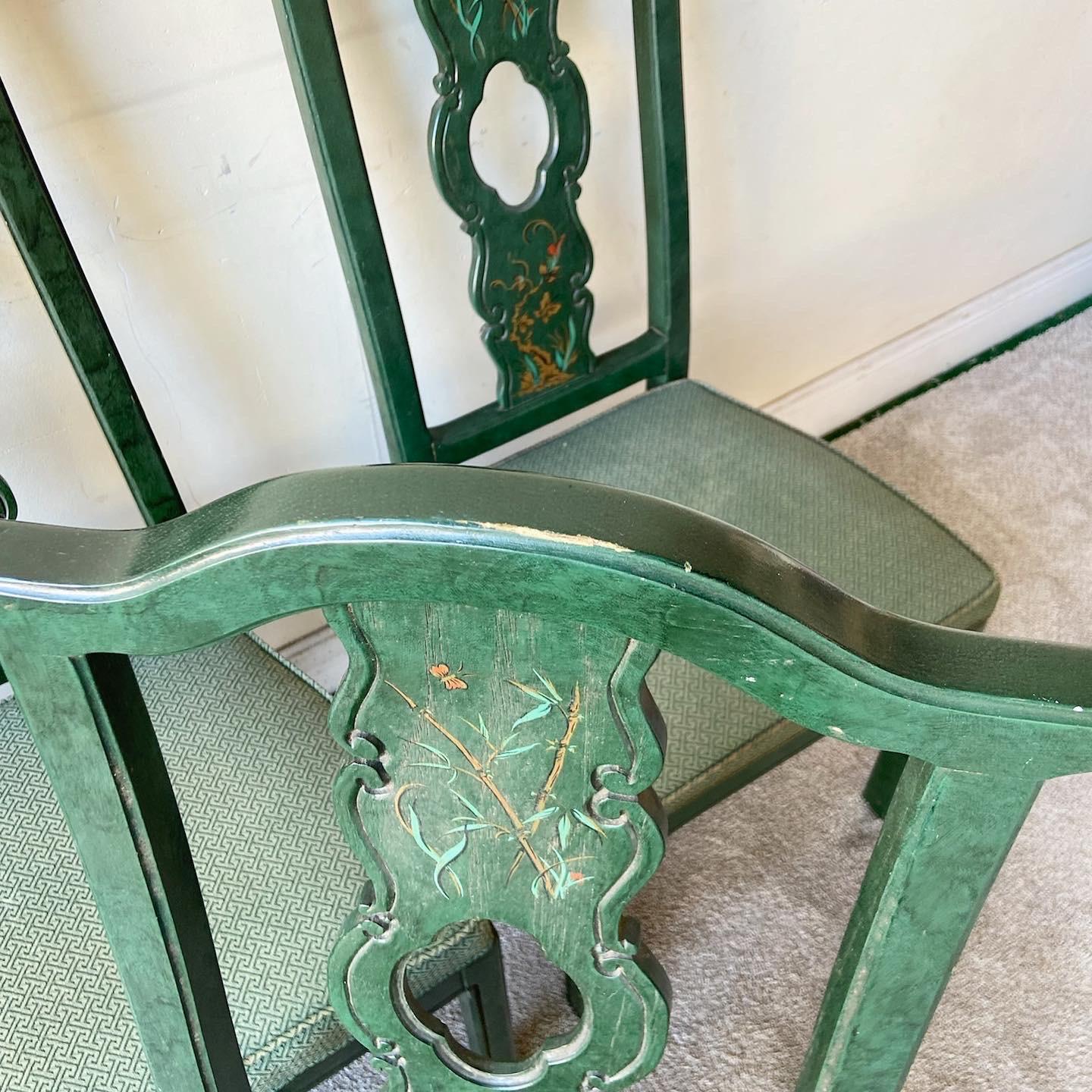 Fabric Chinoiserie Green Wooden Dining Chairs by Thomasville