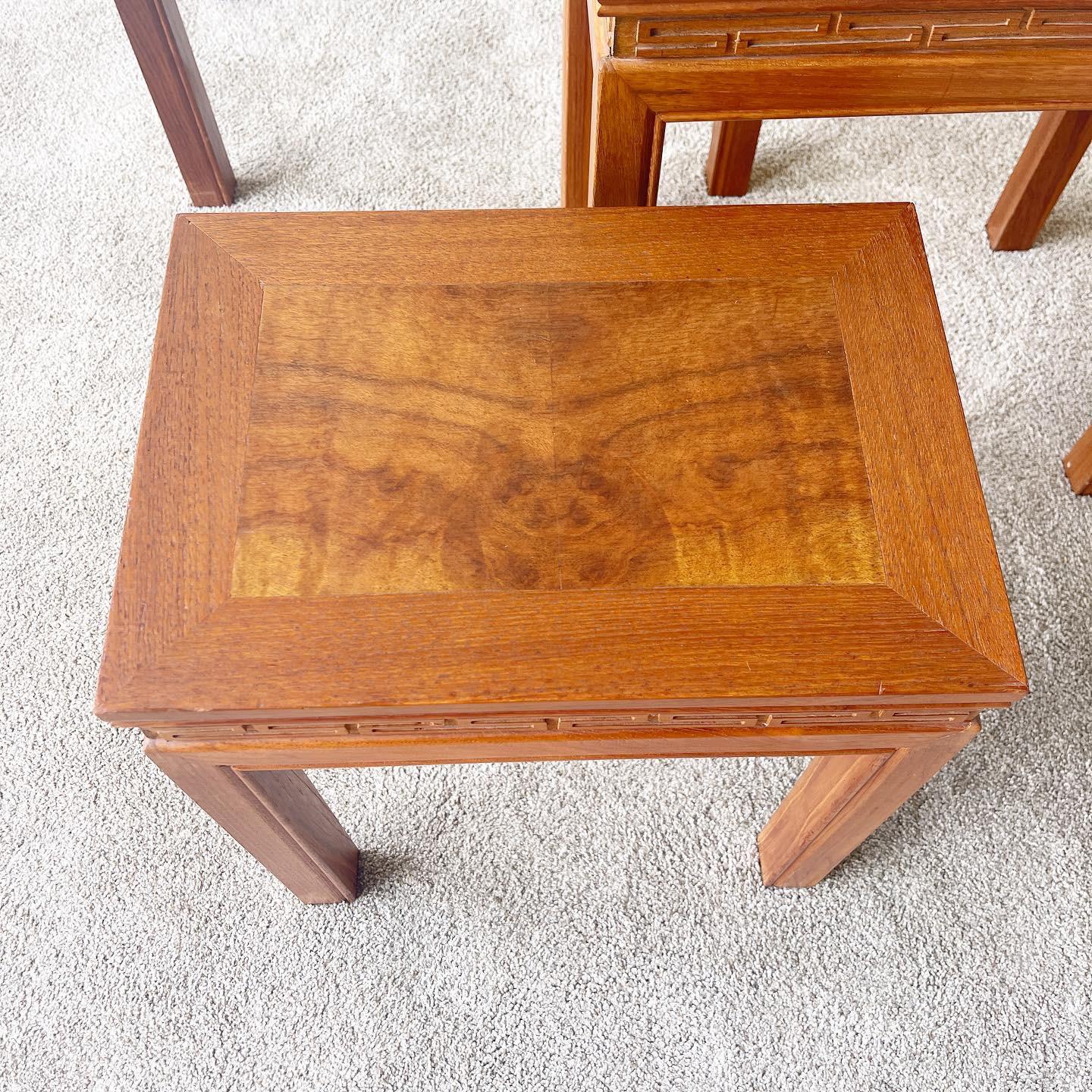 Veneer Chinoiserie Hand Carved Asian Wood Nesting/Stacking Tables For Sale