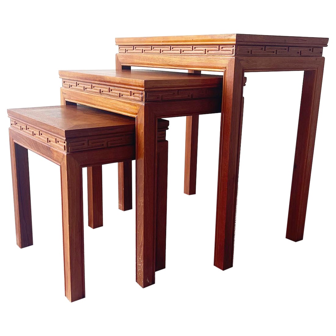 Chinoiserie Hand Carved Asian Wood Nesting/Stacking Tables