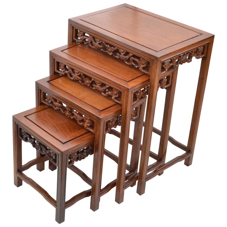 Chinoiserie Hand Carved Asian Wood Nesting Tables or Stacking Tables