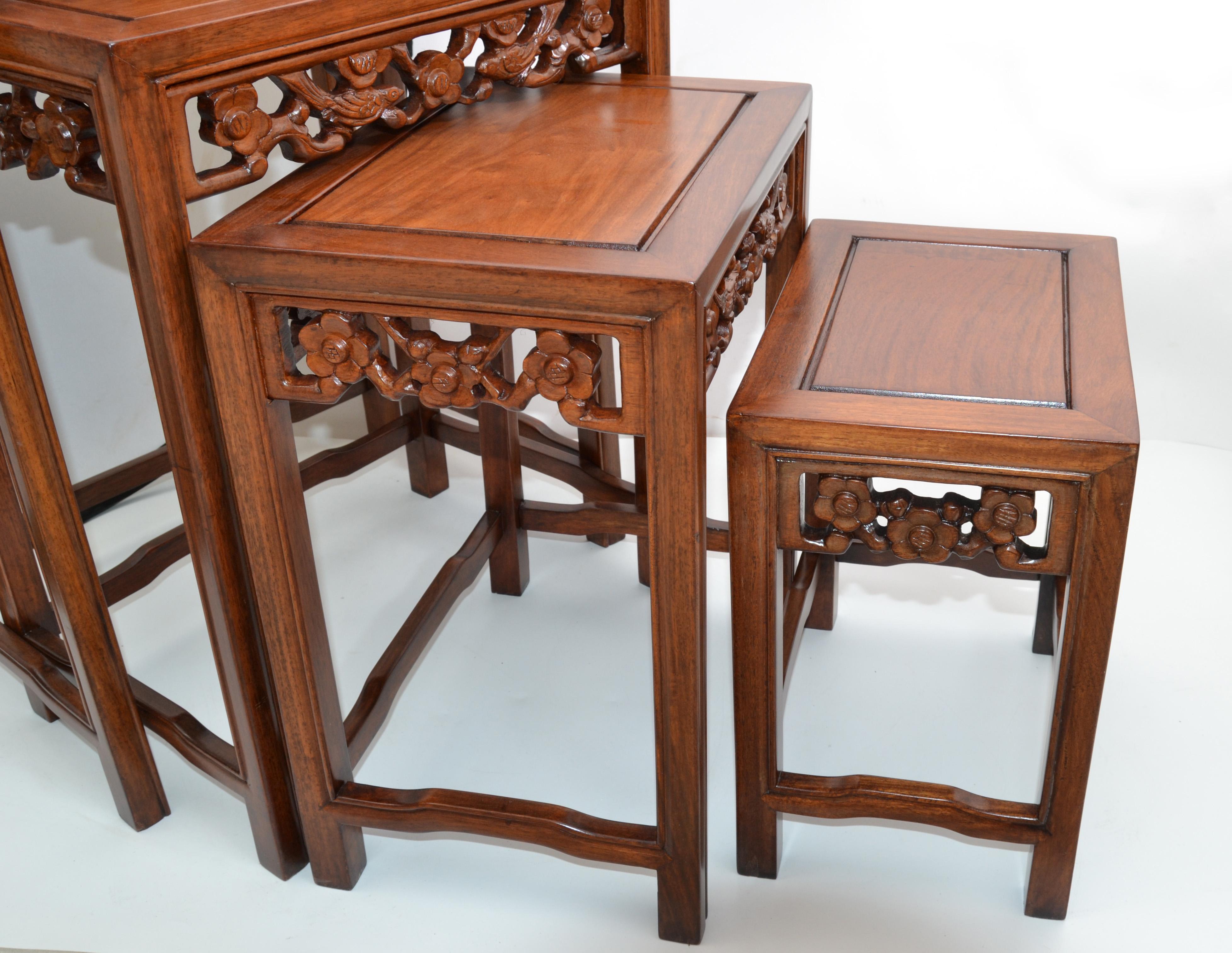 Chinoiserie Hand Carved Asian Wood Nesting Tables or Stacking Tables, Set of 4 For Sale 2