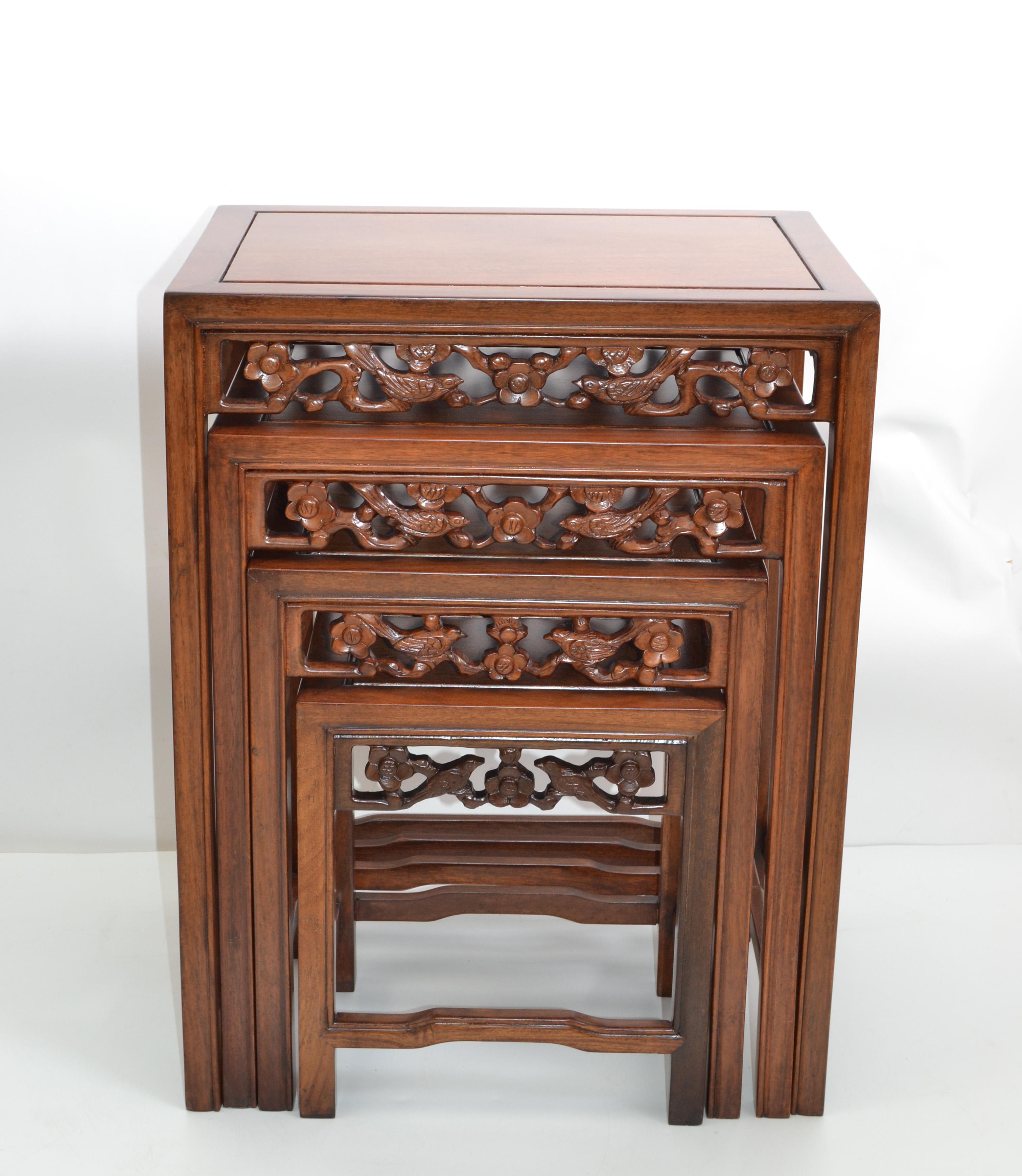 Chinoiserie Hand Carved Asian Wood Nesting Tables or Stacking Tables, Set of 4 For Sale 3