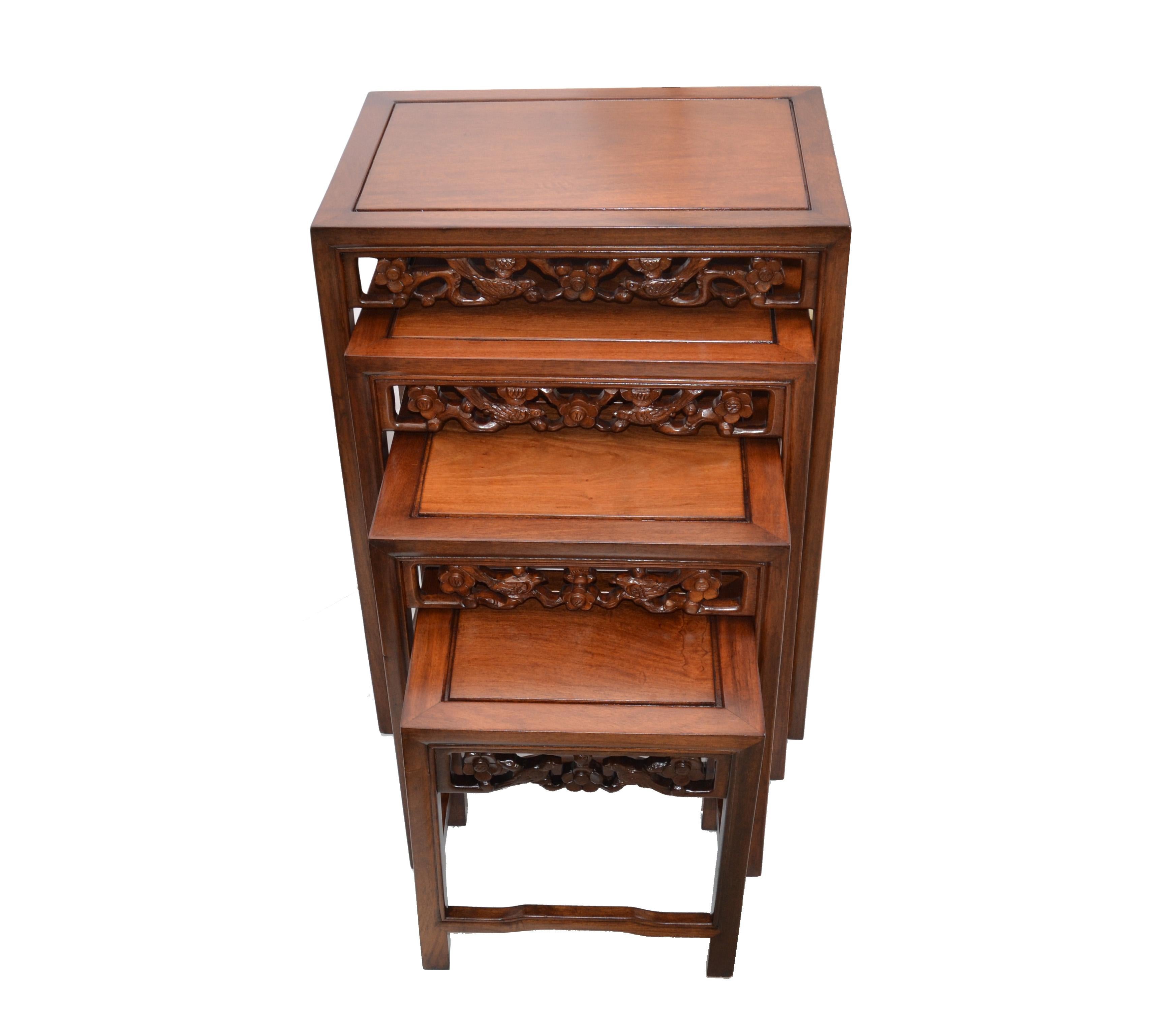 Asian Modern chinoiserie hand carved exotic wood set of 4 nesting tables or stacking tables.
Size of each table:
14.00 D x 20.0 L x 26 inches H.
12.25 D x 17.5 L x 22 inches H.
10.5 D x 15 L x 18 inches H.
8.75 D x 12.5 L x 14 inches H.