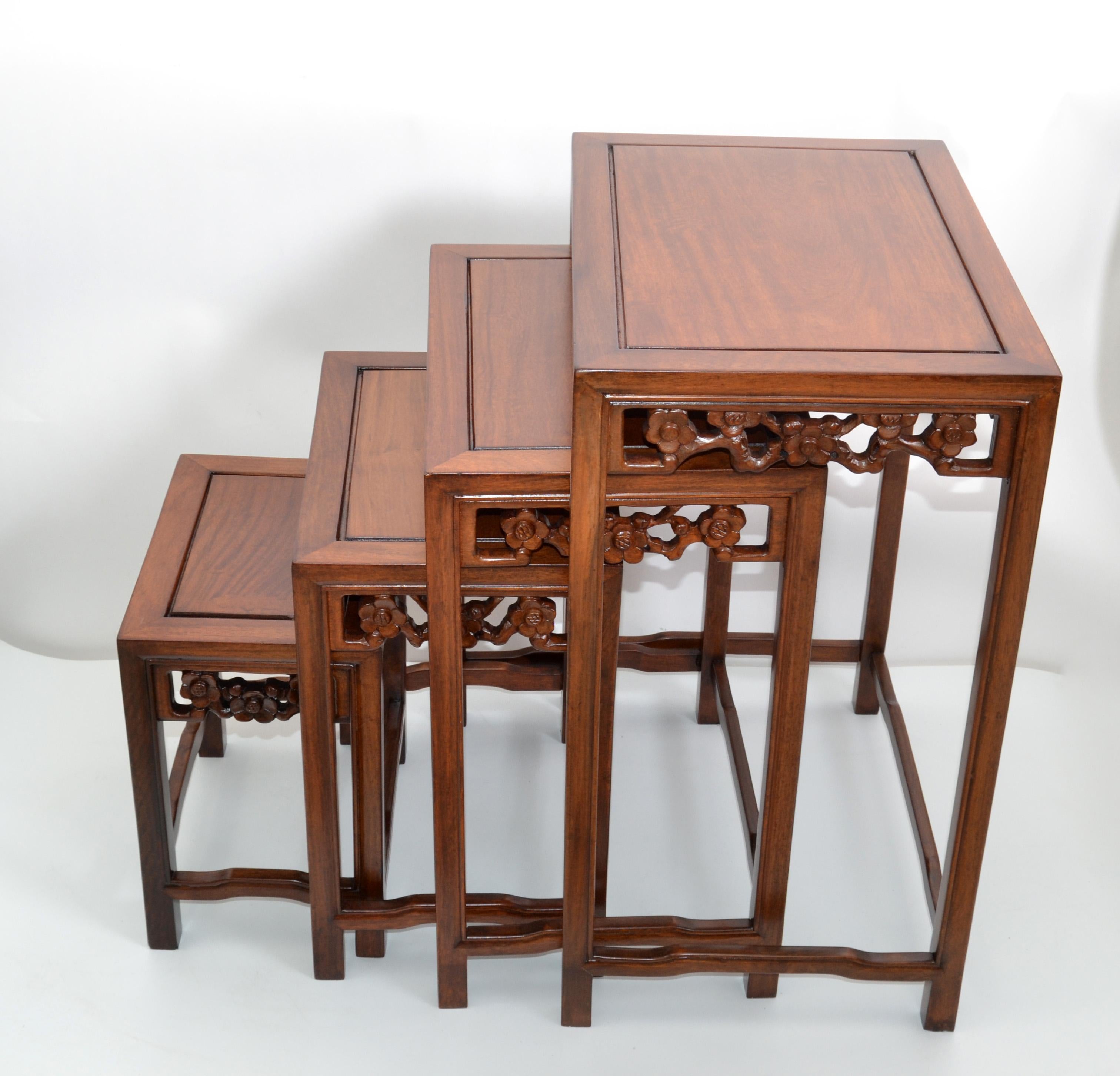 Chinese Chinoiserie Hand Carved Asian Wood Nesting Tables or Stacking Tables, Set of 4 For Sale