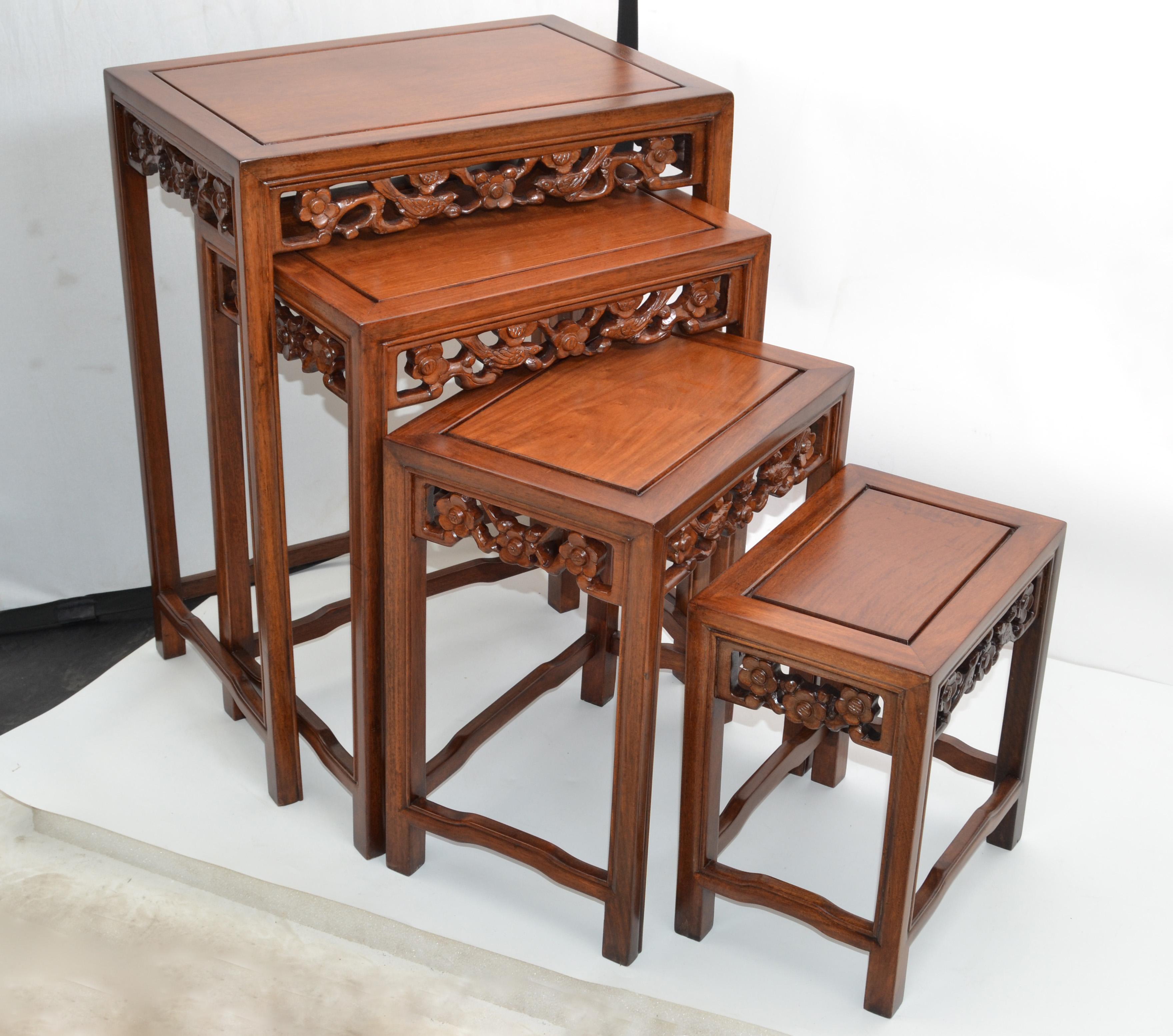 Hand-Carved Chinoiserie Hand Carved Asian Wood Nesting Tables or Stacking Tables, Set of 4 For Sale