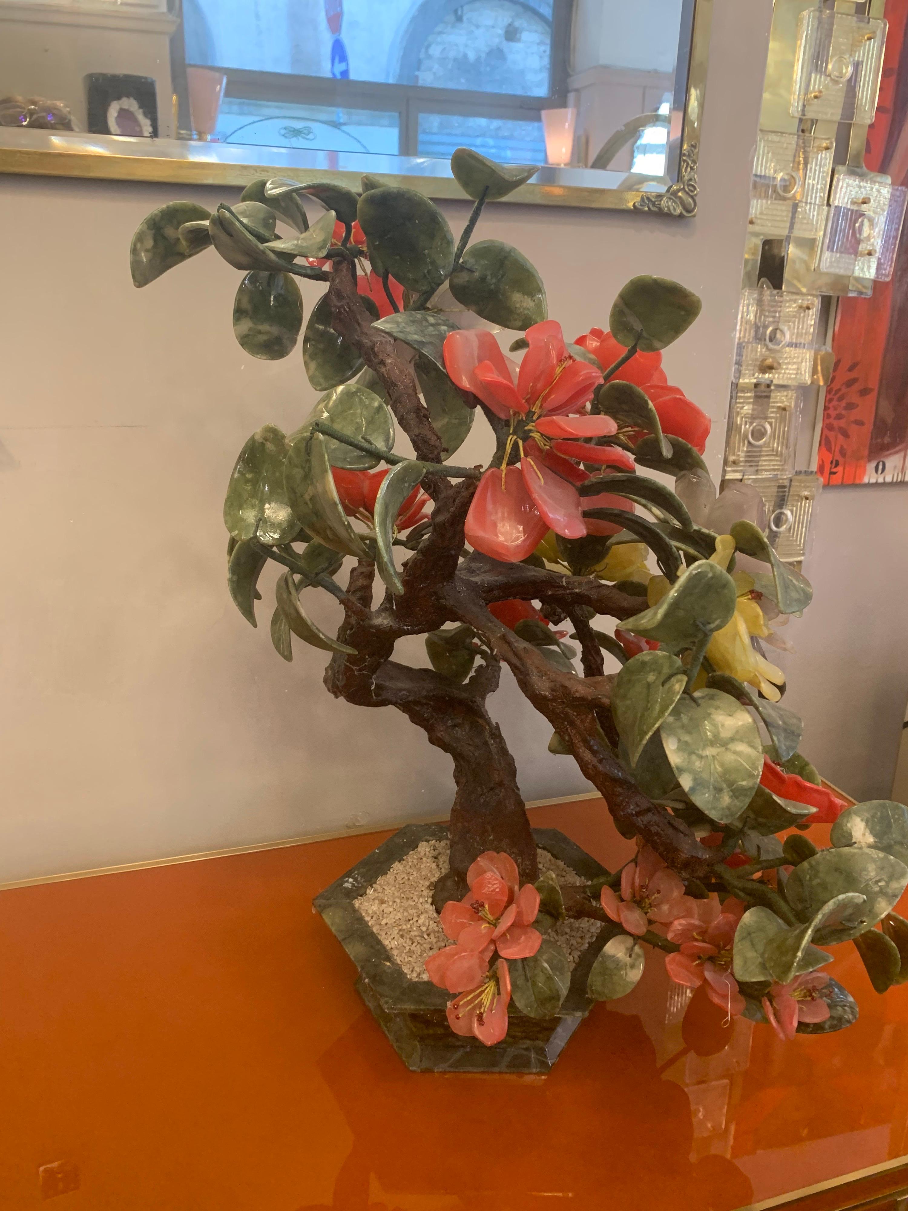 Chinoiserie Hand Carved Jade Onyx and Quartz Stones Bonsai Tree, 1950s 11