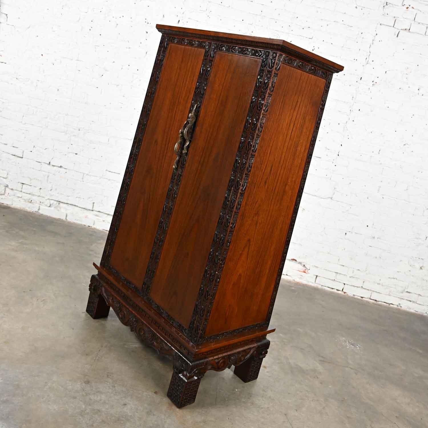 Bronze Chinoiserie Hand Carved Rosewood Trapezoid Armoire Cabinet from Bangkok Thailand For Sale