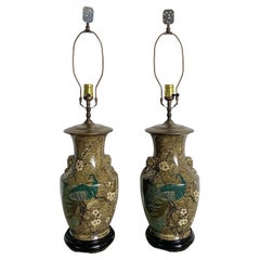 Chinoiserie Hand Painted Birds Ceramic Table Lamps - a Pair