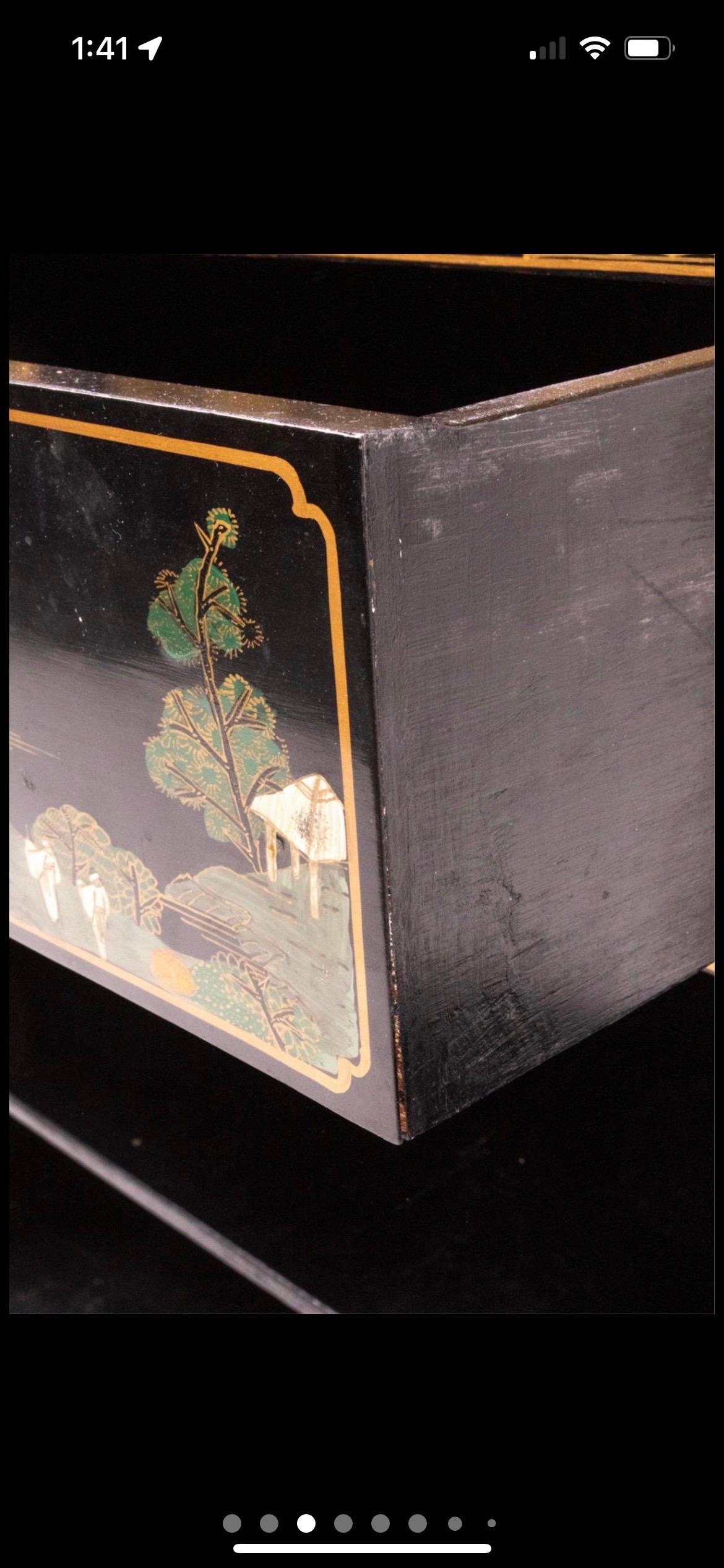 Late 20th Century Chinoiserie Hand Painted Black Lacquer and Gilt China Display Cabinet Breakfront