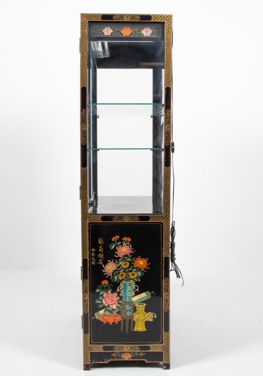 Chinoiserie Hand Painted Black Lacquer and Gilt China Display Cabinet Breakfront 1