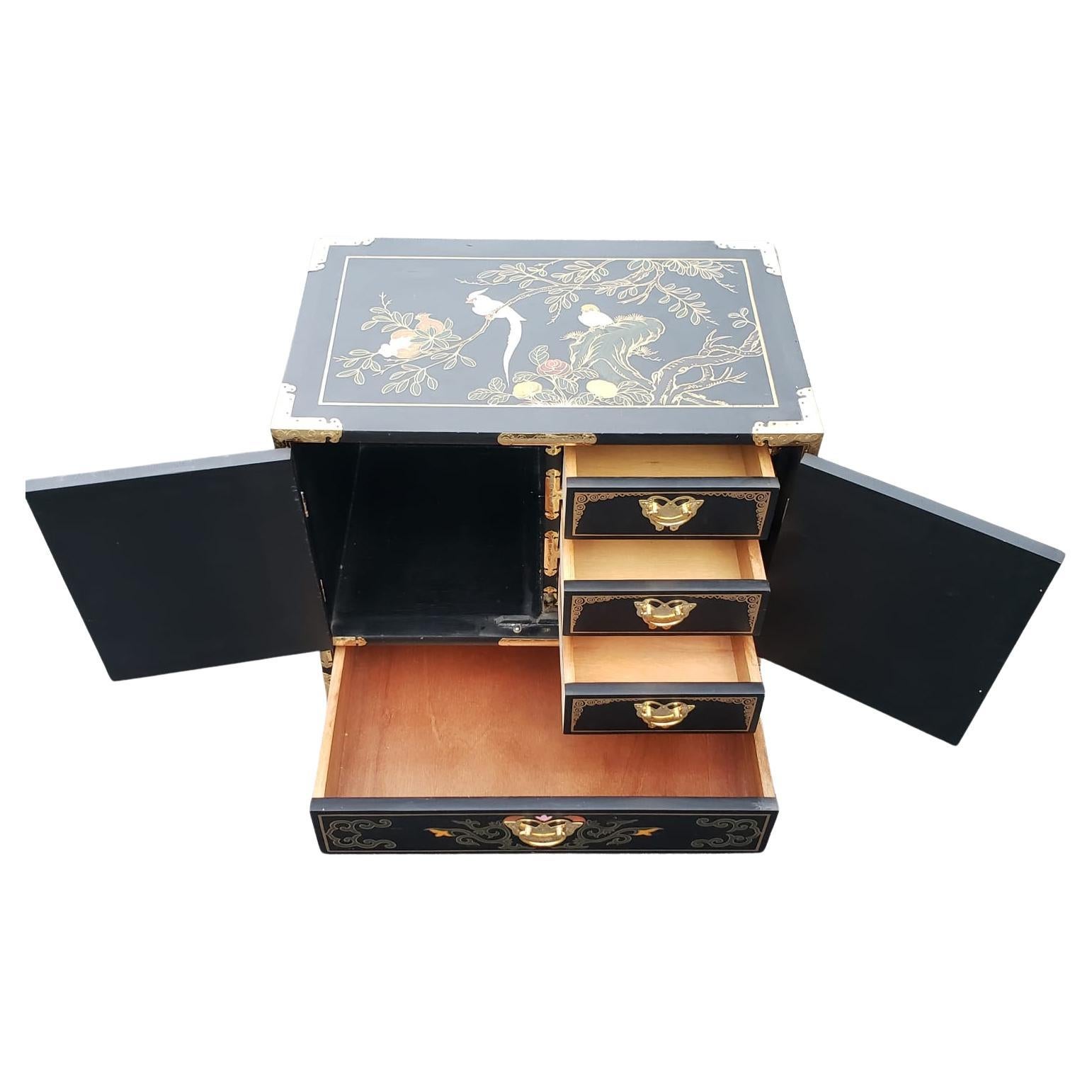 Woodwork Chinoiserie Hand Painted Black Lacquered Cabinet