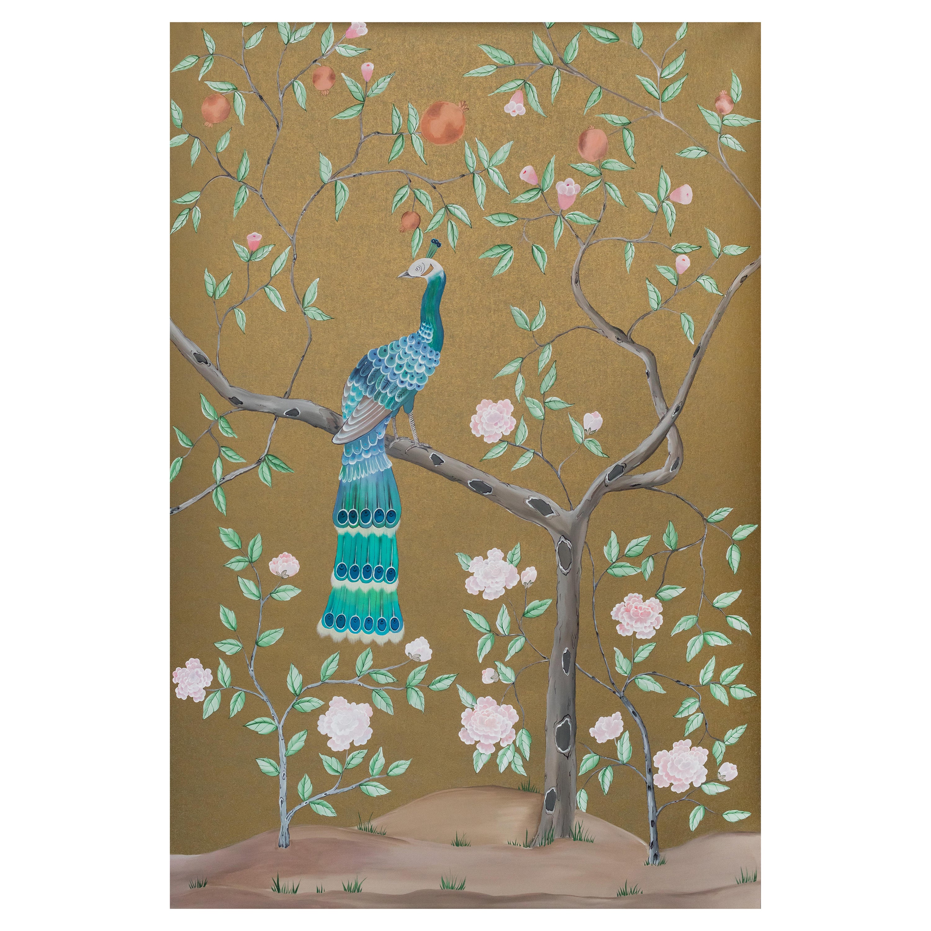 Chinoiserie Hand Painted Chinese Panel 19th Century Peacock Garden Dark Gold For Sale