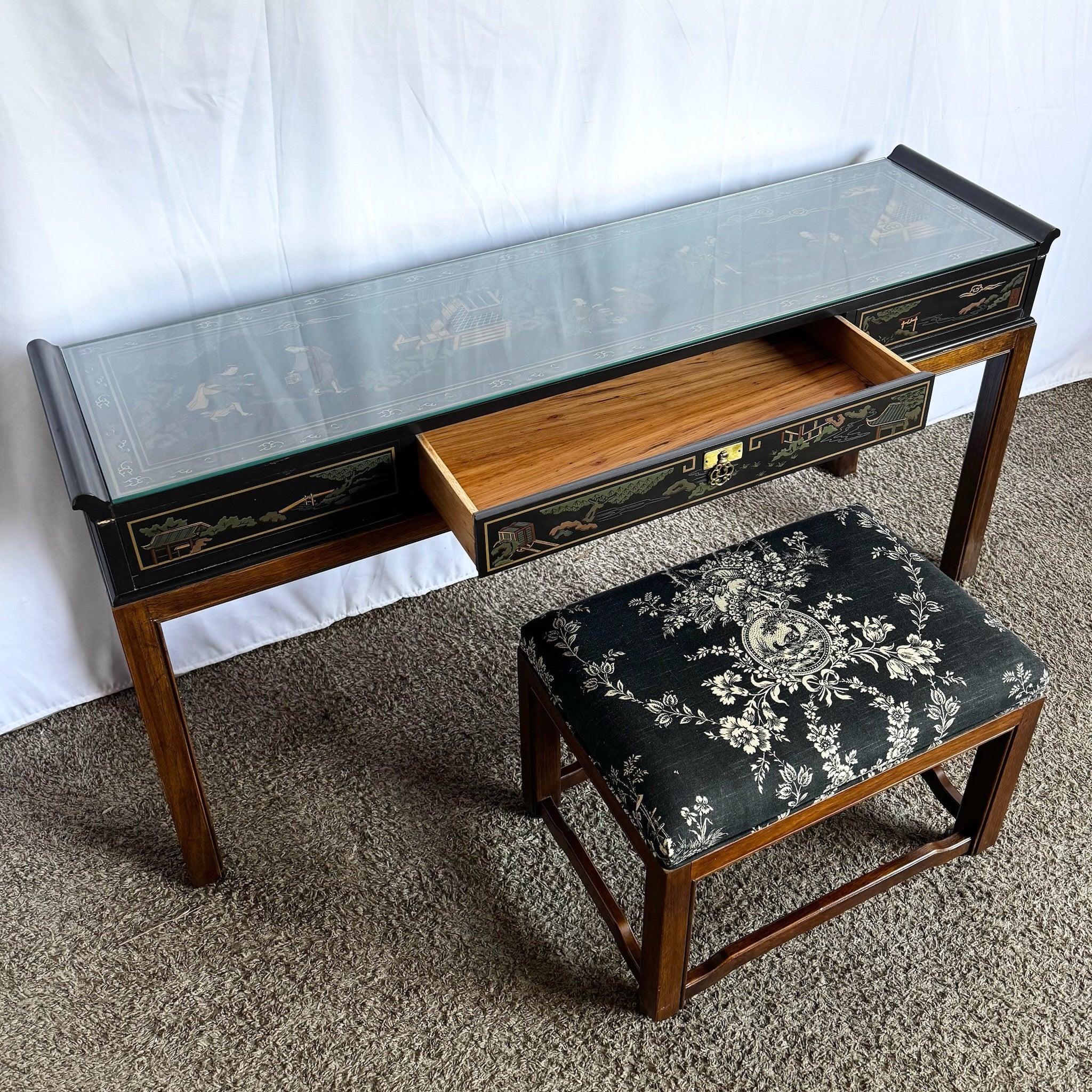 Chinoiserie Hand Painted Console Table/Desk With Low Stool by Drexel For Sale 4