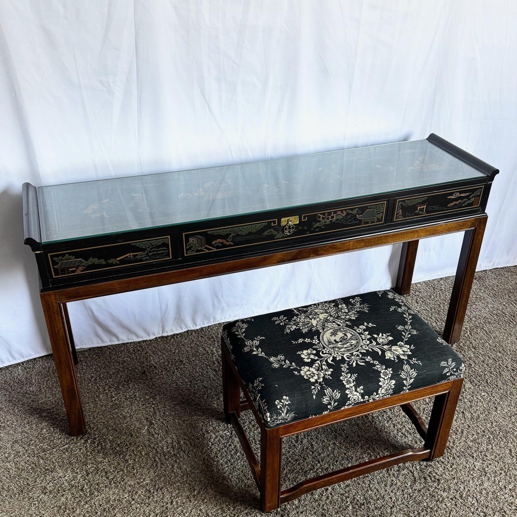 Chinoiserie Hand Painted Console Table/Desk With Low Stool by Drexel For Sale 5