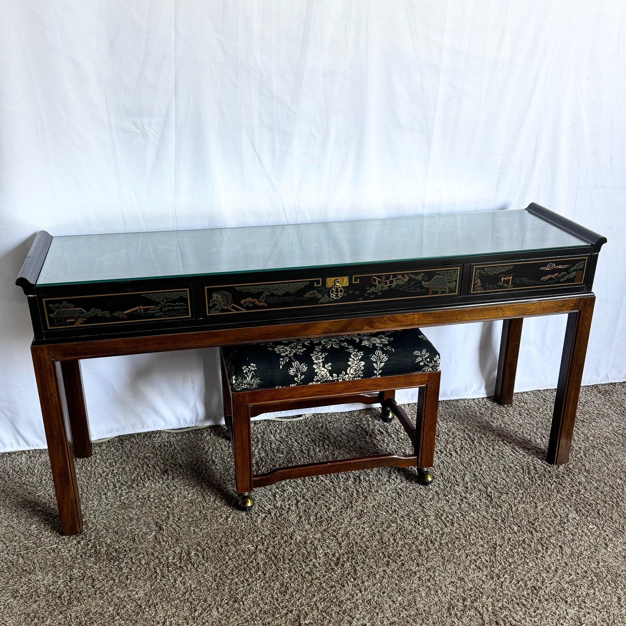Elevate your space with this Chinoiserie Hand Painted Console—luxurious lacquer finish with glass‑topped artistry and matching stool.
 
 Minor wear to the edges as shown in the photos.
 
 We sell items as acquired, without restoring or repairing.