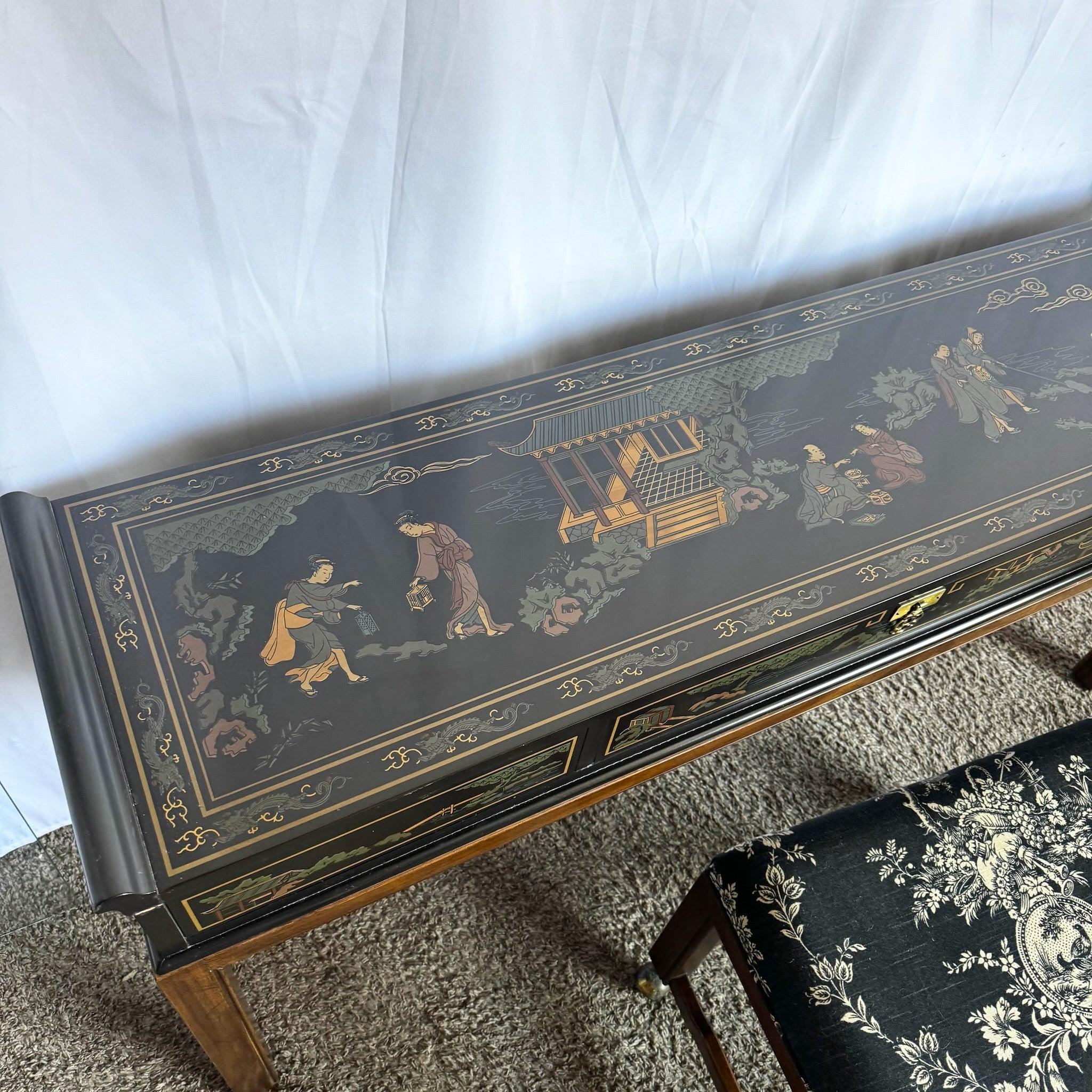 Late 20th Century Chinoiserie Hand Painted Console Table/Desk With Low Stool by Drexel For Sale