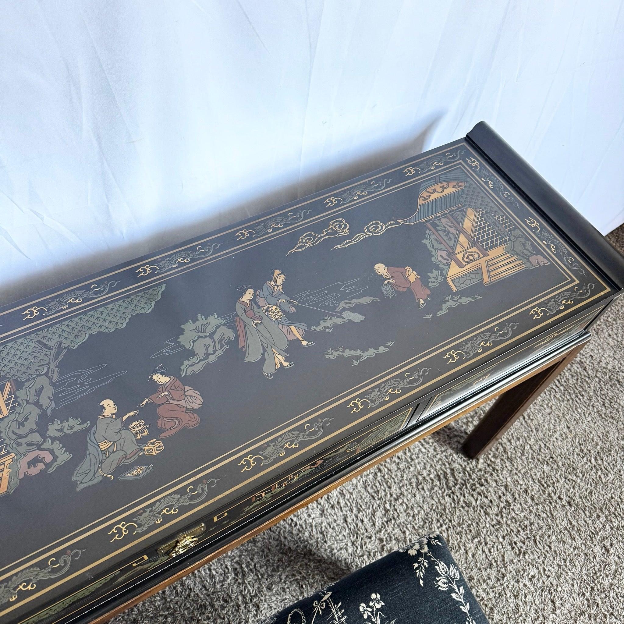 Wood Chinoiserie Hand Painted Console Table/Desk With Low Stool by Drexel For Sale